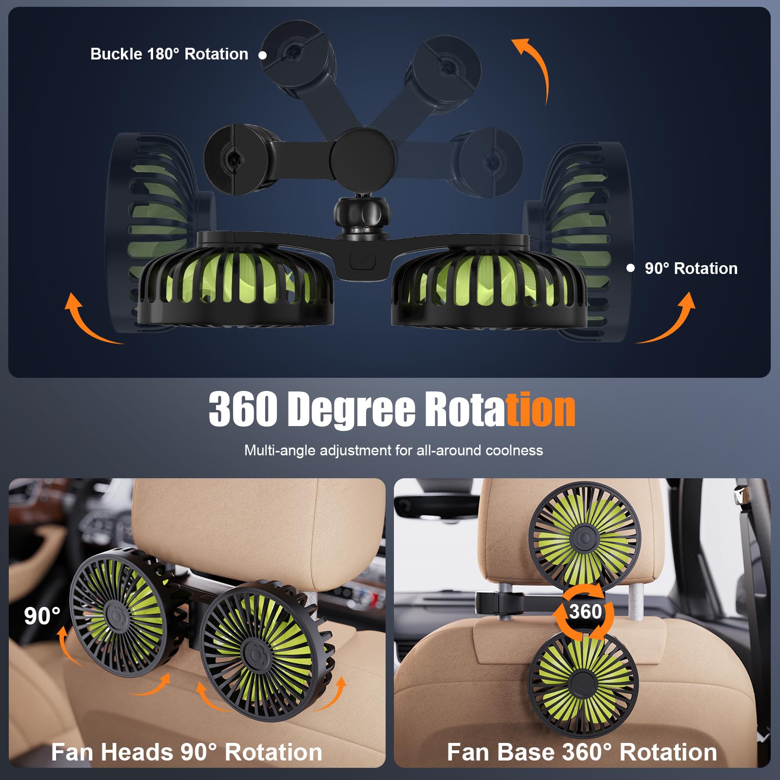 Hayousui Usb Car Cooling Fans For Backseat: Dual Head Car Fan For Kids 3 Speeds 360 Rotatable Vehicle Rear Headrest Fans 5V Powe