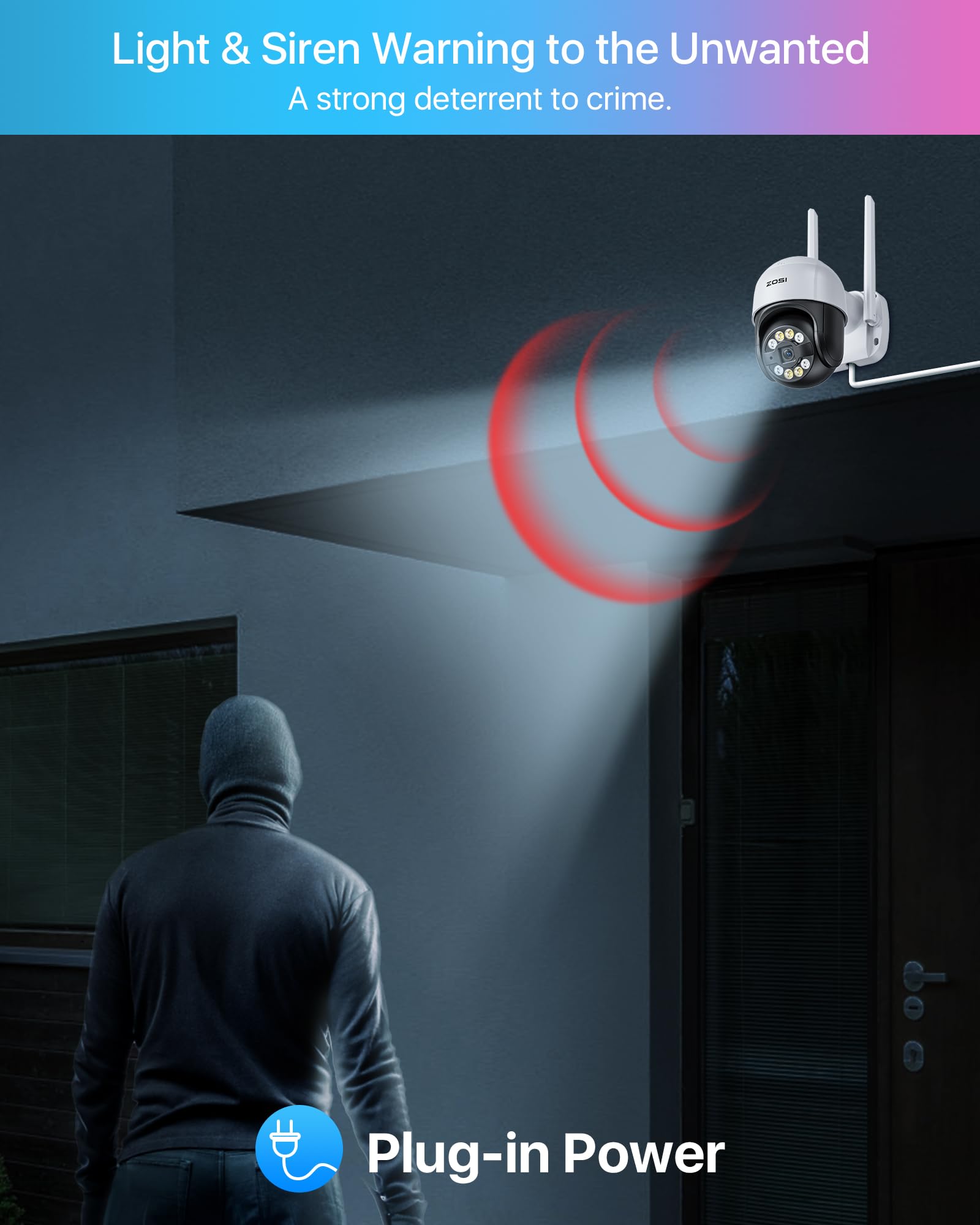 Zosi 2K Wifi Pan/Tilt Security Camera, 3Mp Plug In Outdoor Home Pt Camera, Auto Track Human, 2 Way Audio, Smart Motion Detection