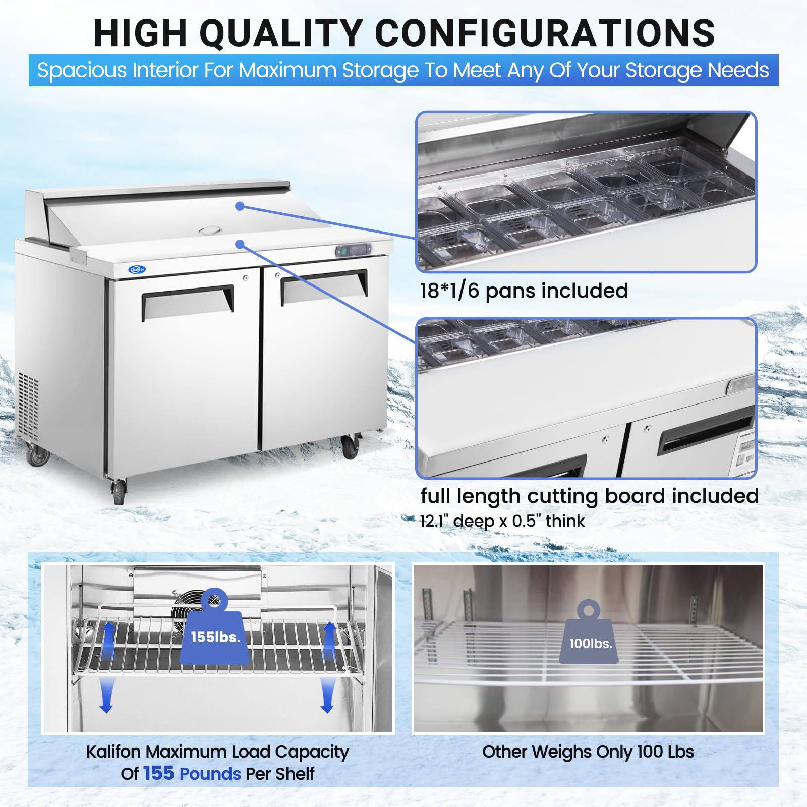 Kalifon 48'' W 2 Door Refrigerator Sandwich Salad Prep Table Commercial Stainless Steel Fan Cooling Refrigerator With Cutting Bo
