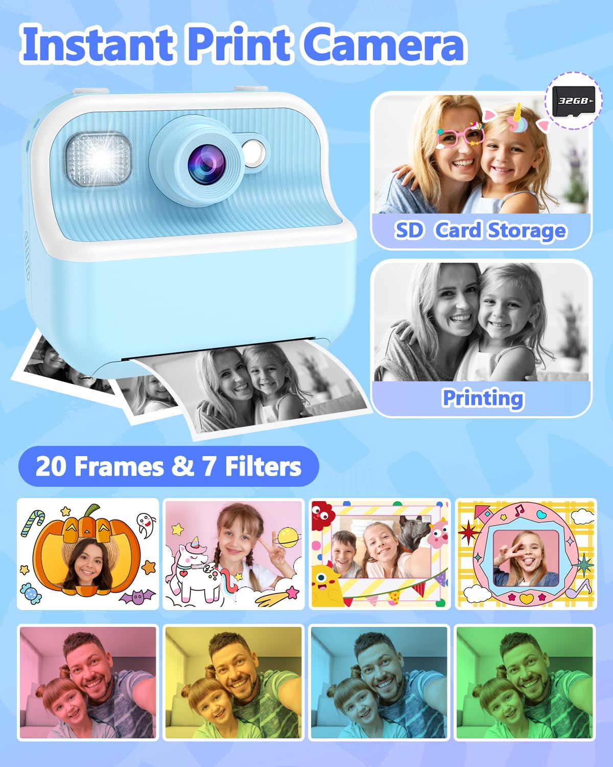 Kids Camera Instant Print, Christmas Birthday Gifts For Kids Age 3 12, Hd Camera For Kids With Printing Photo Paper, Portable To