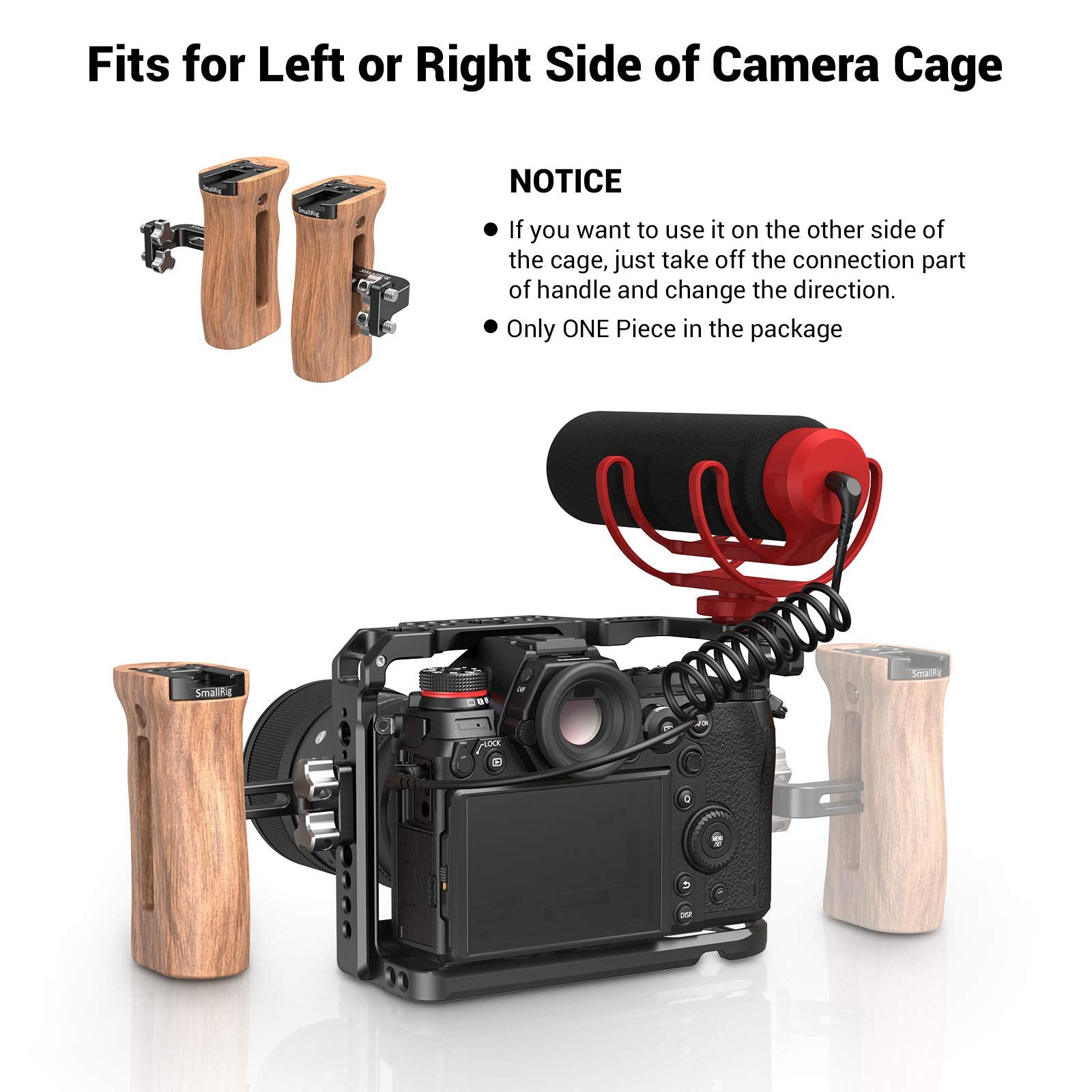 Smallrig Side Wooden Handle Grip For Dslr Camera Cage W/Cold Shoe Mount, Threaded Holes, Direction Changeable - 2093