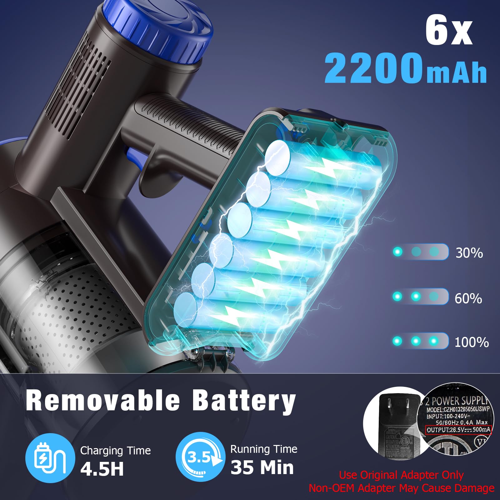 Airdiya Cordless Vacuum Cleaner, Super Power Suction Stick Vacuum Cleaners With 2200 Mah Battery,8 In 1 Lightweight Self Standin