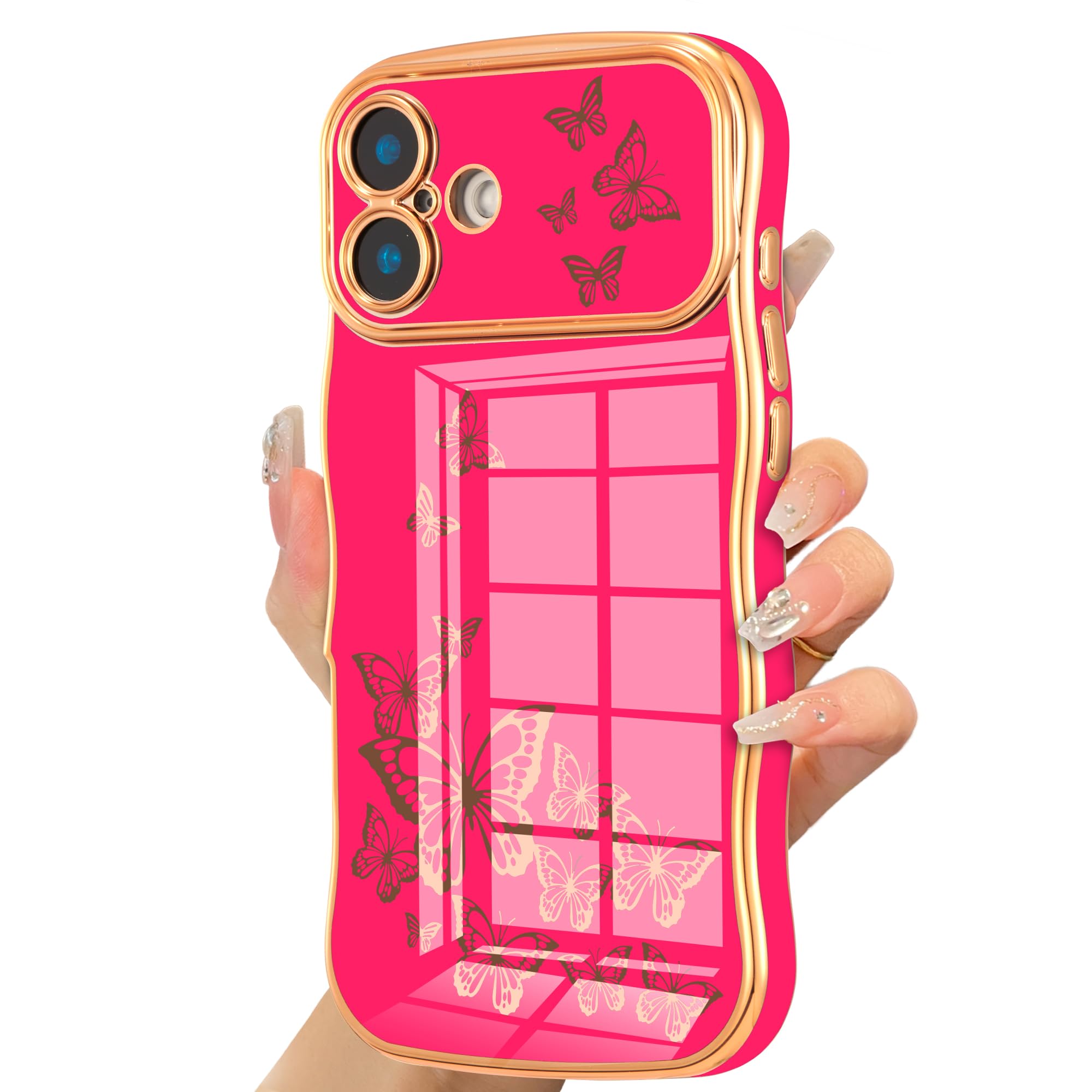 Ztofera For Iphone 16 Plus Case For Girl Women, Cute Curly Wave Frame With Luxury Plating Butterfly Pattern, Soft Tpu Shockproof