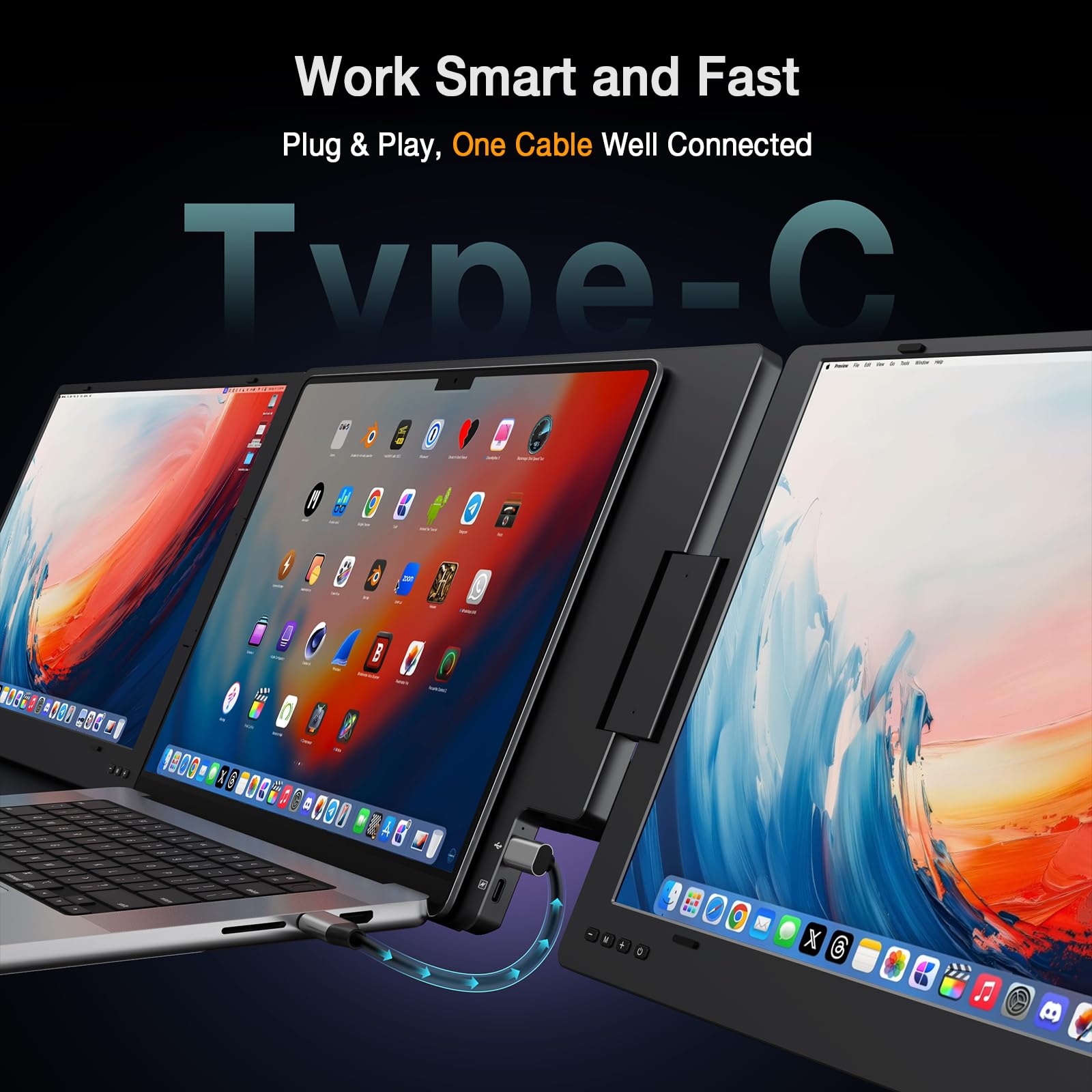 Kyy 15.6'' Laptop Screen Extender, 1080P Fhd Ips Portable Monitor, One Cable Usb C Triple Monitor, Dual Travel Screen For 12'' 1