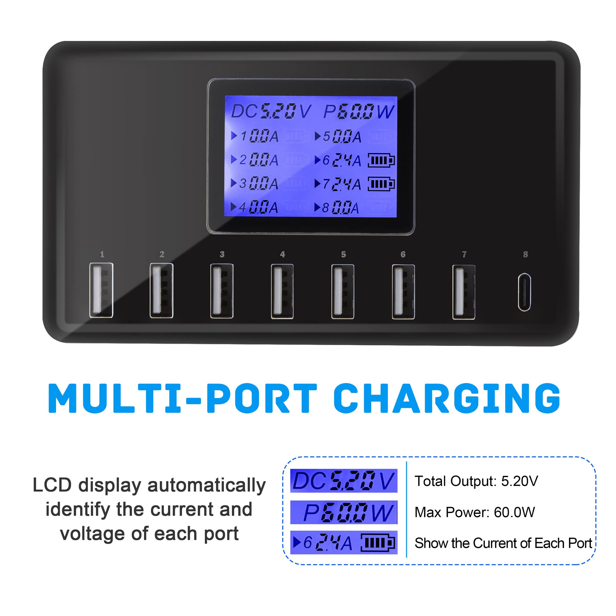 Usb Charger, Slitinto 60W 12A 8 Port Usb Charging Station Multi Port Usb Hub Charger Compact Size Lcd Display Compatible With Iphone Ipad Samsung Kindle Tablet Bluetooth Earbuds And More