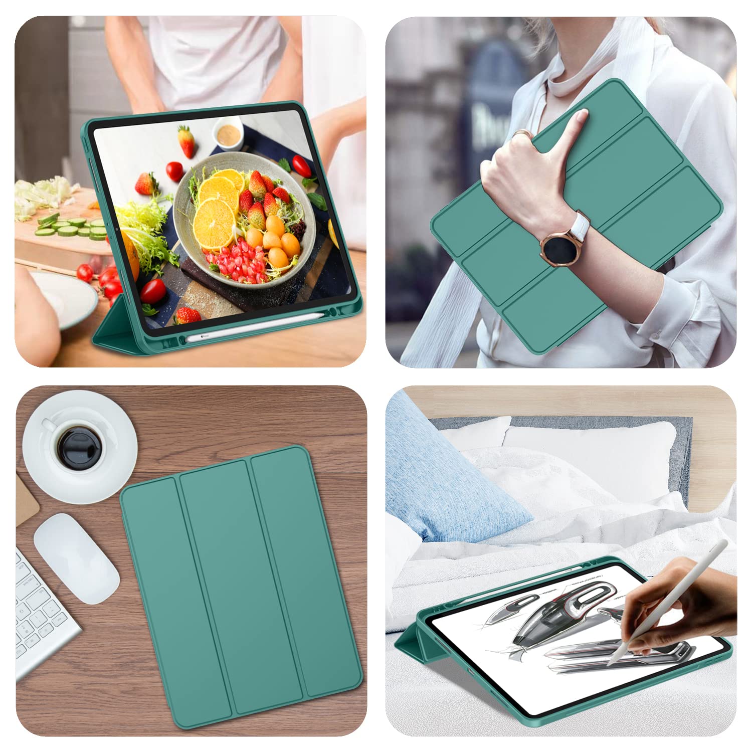 Imieet New Ipad Pro 12.9 Case 2022(6Th Gen)/2021(5Th Gen) With Pencil Holder [Support Ipad 2Nd Pencil Charging/Pair],Trifold Stand Smart Case With Soft Tpu Back,Auto Wake/Sleep(Forest Green)