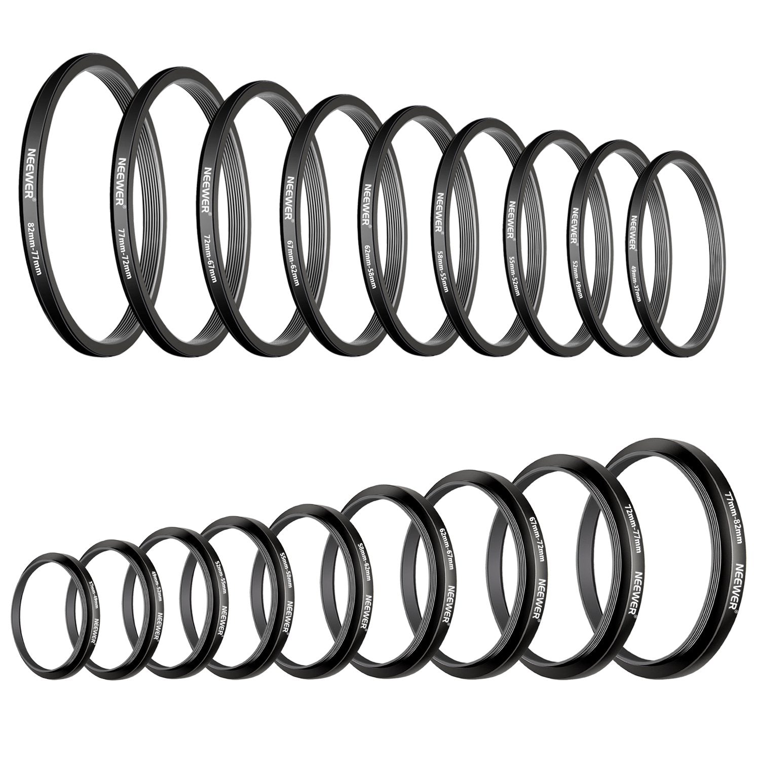 Neewer 18 Pieces Metal Camera Lens Filter Adapter Ring Kit 9 Pieces Step Up Ring+9 Pieces Step Down Ring Set Compatible With Can