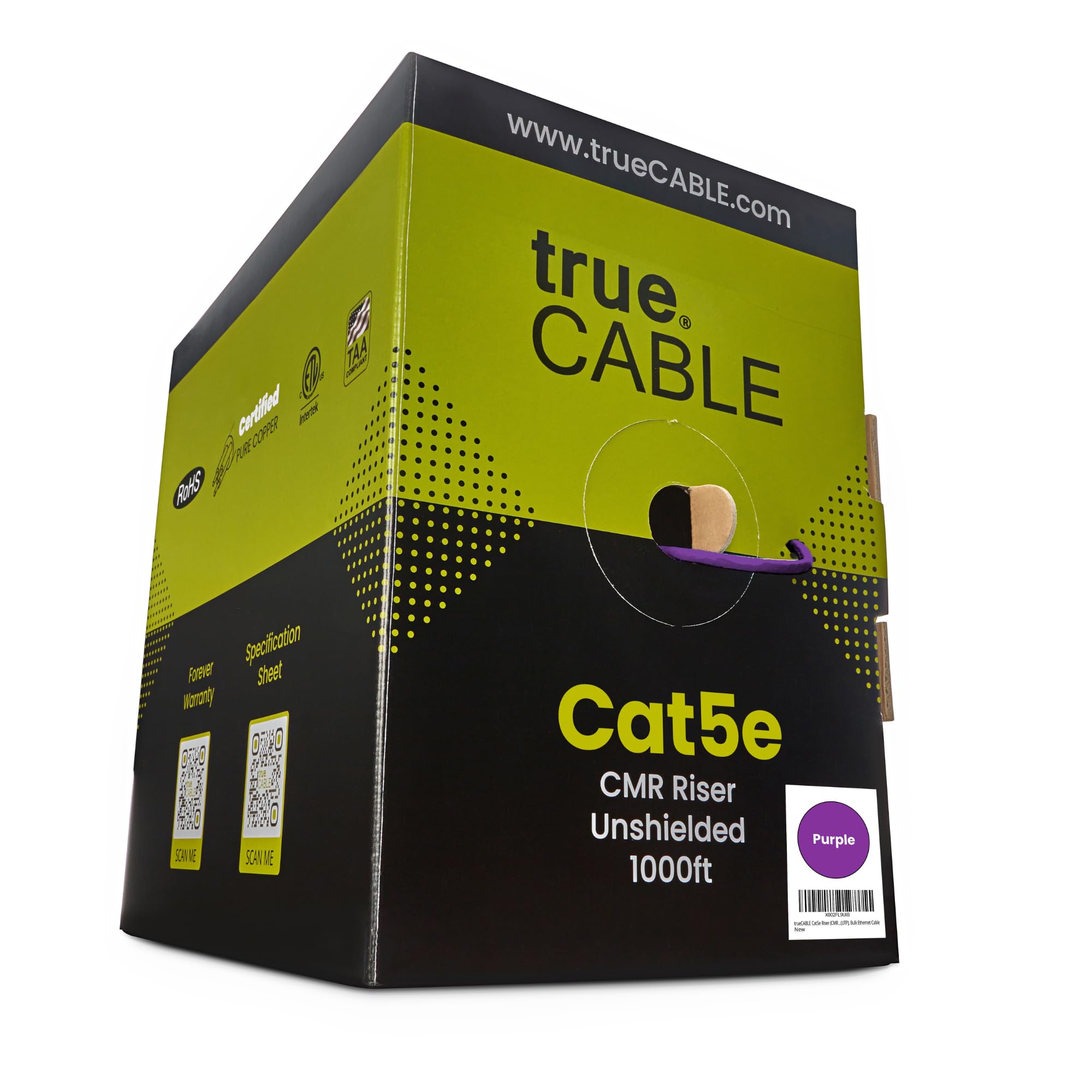 trueCABLE Cat5e Riser (CMR), 1000ft, Purple, 24AWG 4 Pair Solid Bare Copper, 350MHz, PoE++ (4PPoE), ETL Listed, Unshielded Twist