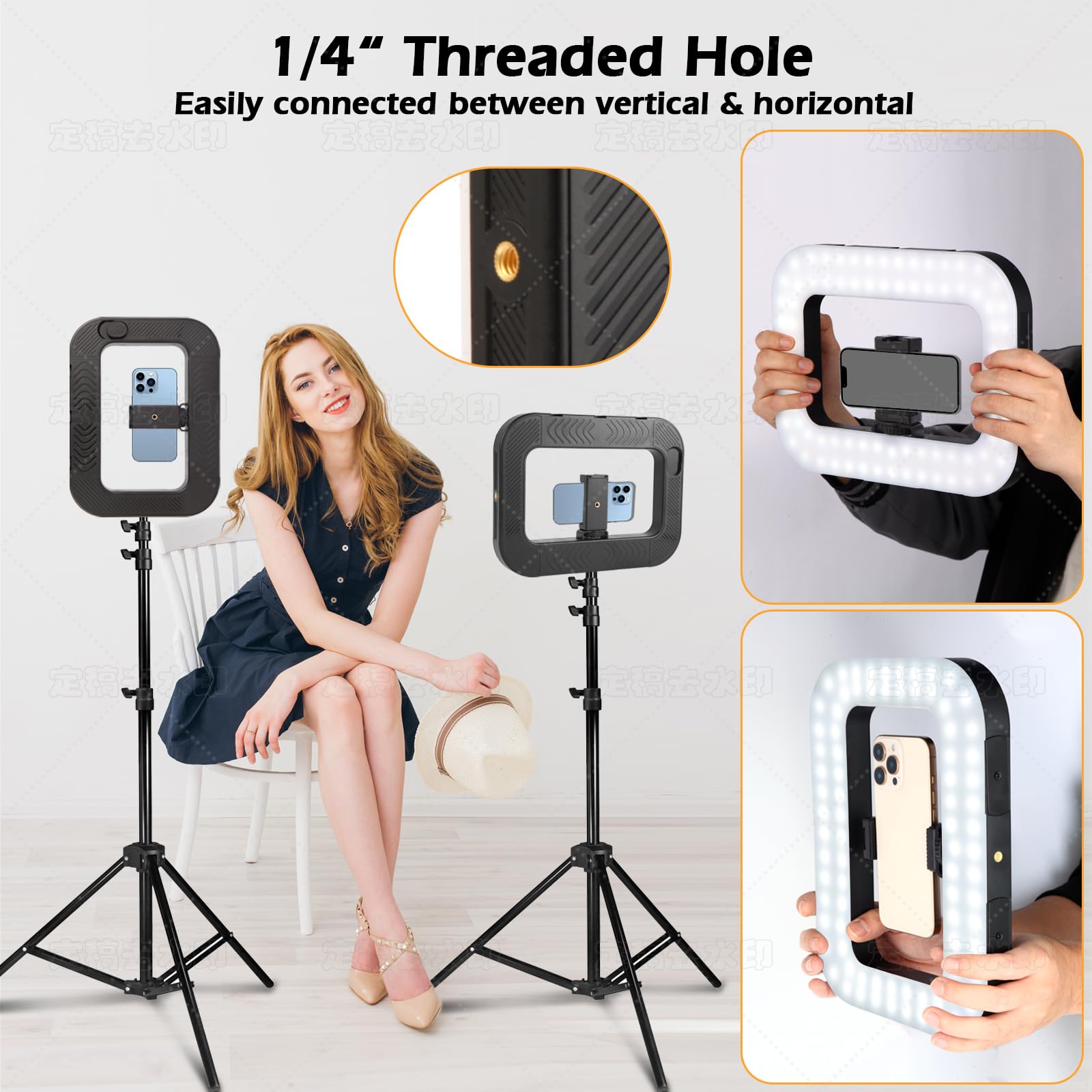 Smartphone Video Rig With Light,Square Ring Selfie Light Kit,Led Handheld Phone Video Stabilizer Wiht 8000Mah Battery For Camera