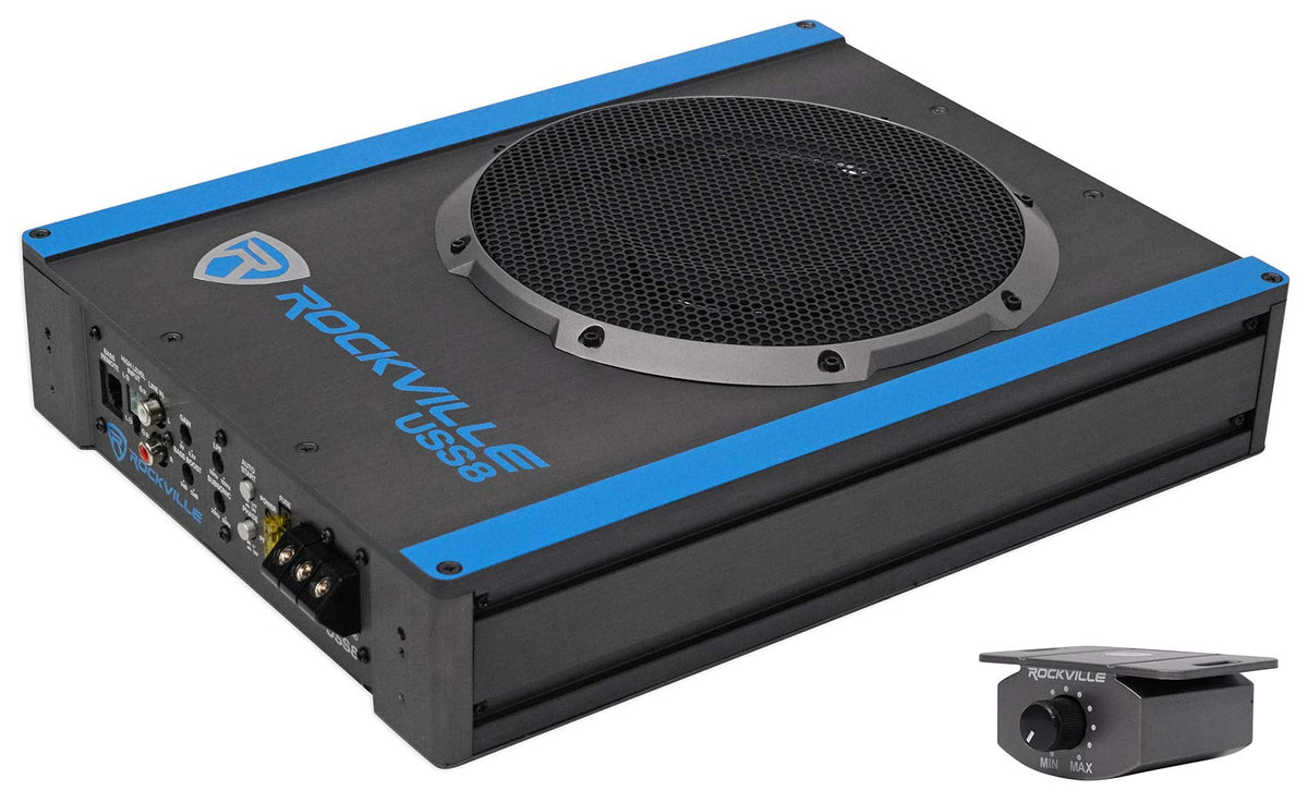 Rockville USS8 8' 600w Slim Under-Seat Active Powered Car/Truck Subwoofer Sub, Black