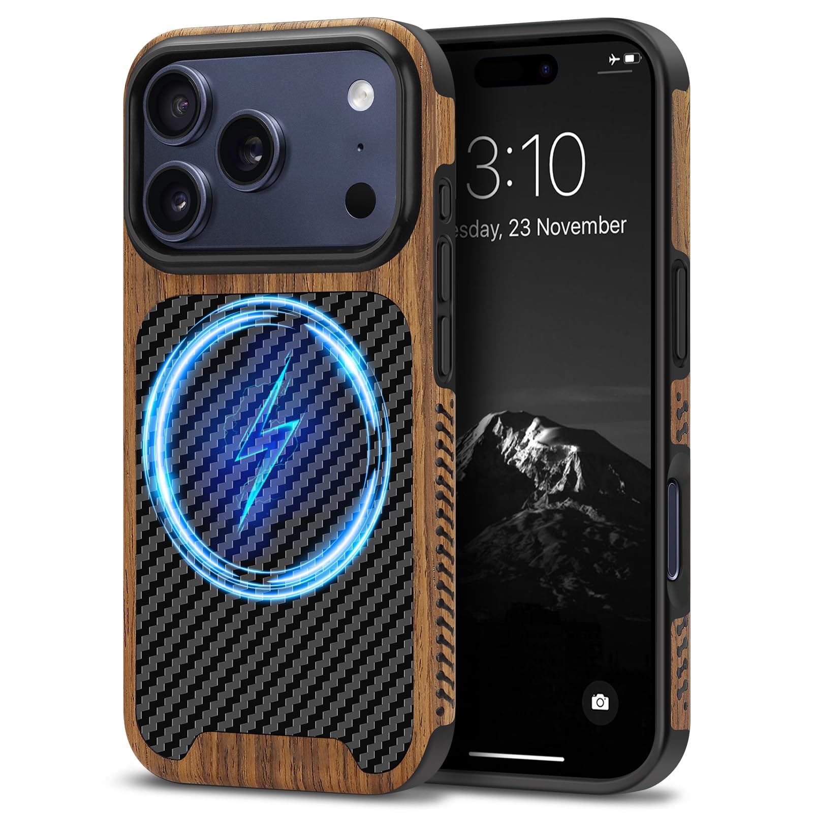 TENDLIN Magnetic Case Compatible with iPhone 17 Pro Max Case Wood Grain with Carbon Fiber Texture Design Leather Hybrid Slim Cov