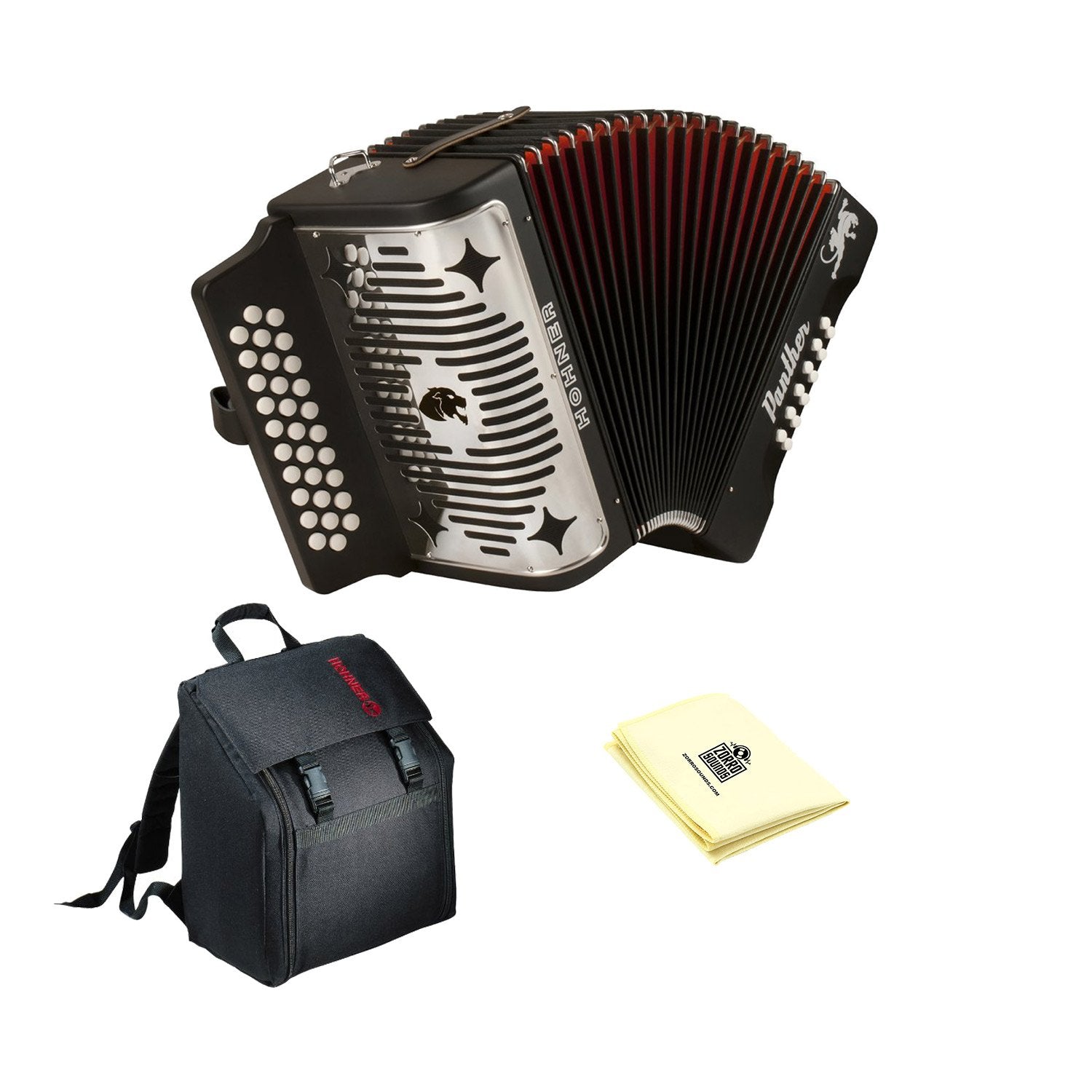 Hohner 3100Gb Panther Diatonic Button Accordion In Black With Accordion Case And Cloth