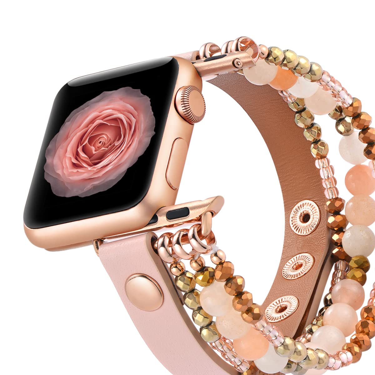 Fastgo Leather Band Compatible With Apple Watch 38Mm 40Mm 41Mm Women Girls, Elastic Beaded Bracelet Strap Adjustable For Iwatch