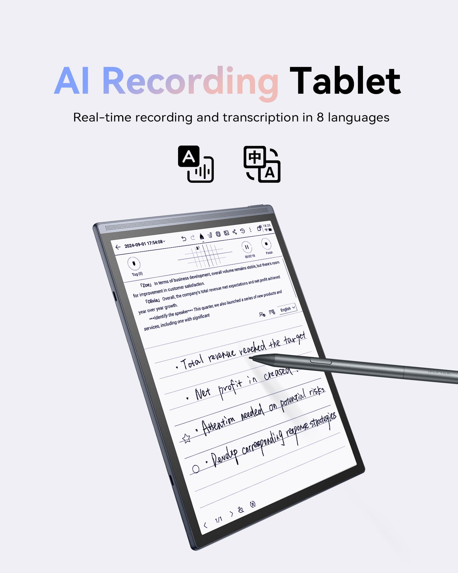 Iflytek Ainote Air 2 Bundle - 8.2 Digital Writing Tablet With Pen, Smart Voice-To-Text Notes, Multilingual Transcription, Chat