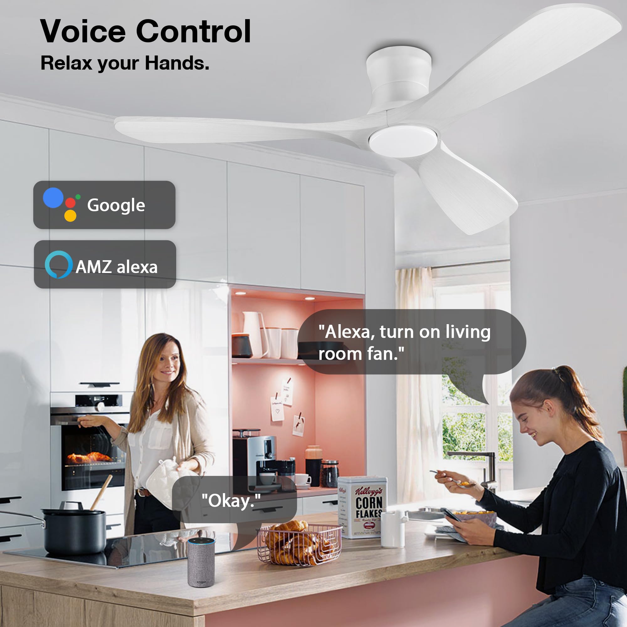 Livory 52    Wood Smart Flush Mount Ceiling Fans With Lights And Remote,Quiet Dc Motor,Outdoor Indoor Ultra Low Profile Ceiling