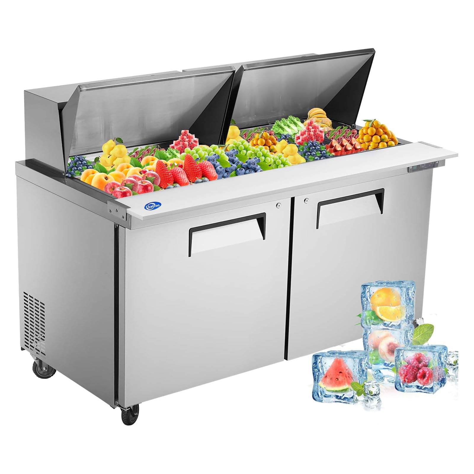 Kalifon 60'' W 2 Door Refrigerator Sandwich Salad Prep Table Commercial Stainless Steel Fan Cooling Refrigerator With Cutting Bo