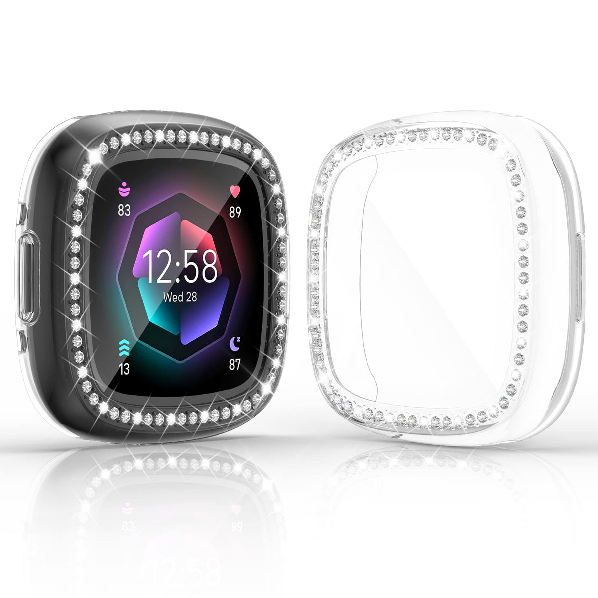 2 Pack Richone Compatible With Fitbit Versa 4 & Sense 2 (2022) Screen Protector Case, Bling Diamonds Cover Soft Tpu Bumper Smart