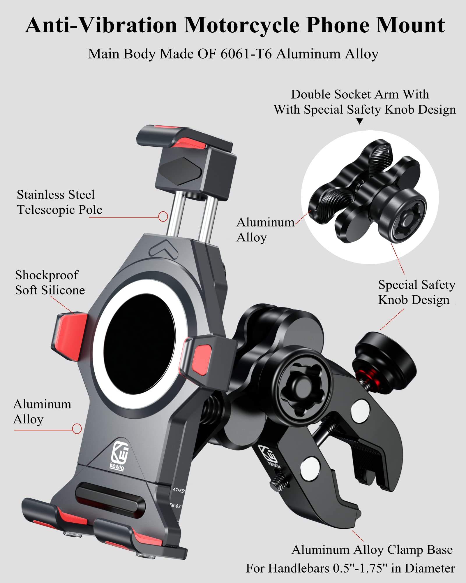 Brcovan Aluminum Alloy Motorcycle Phone Holder With Vibration Dampener & High Speed Secure Lock, Metal Anti Theft Adjustable Mot