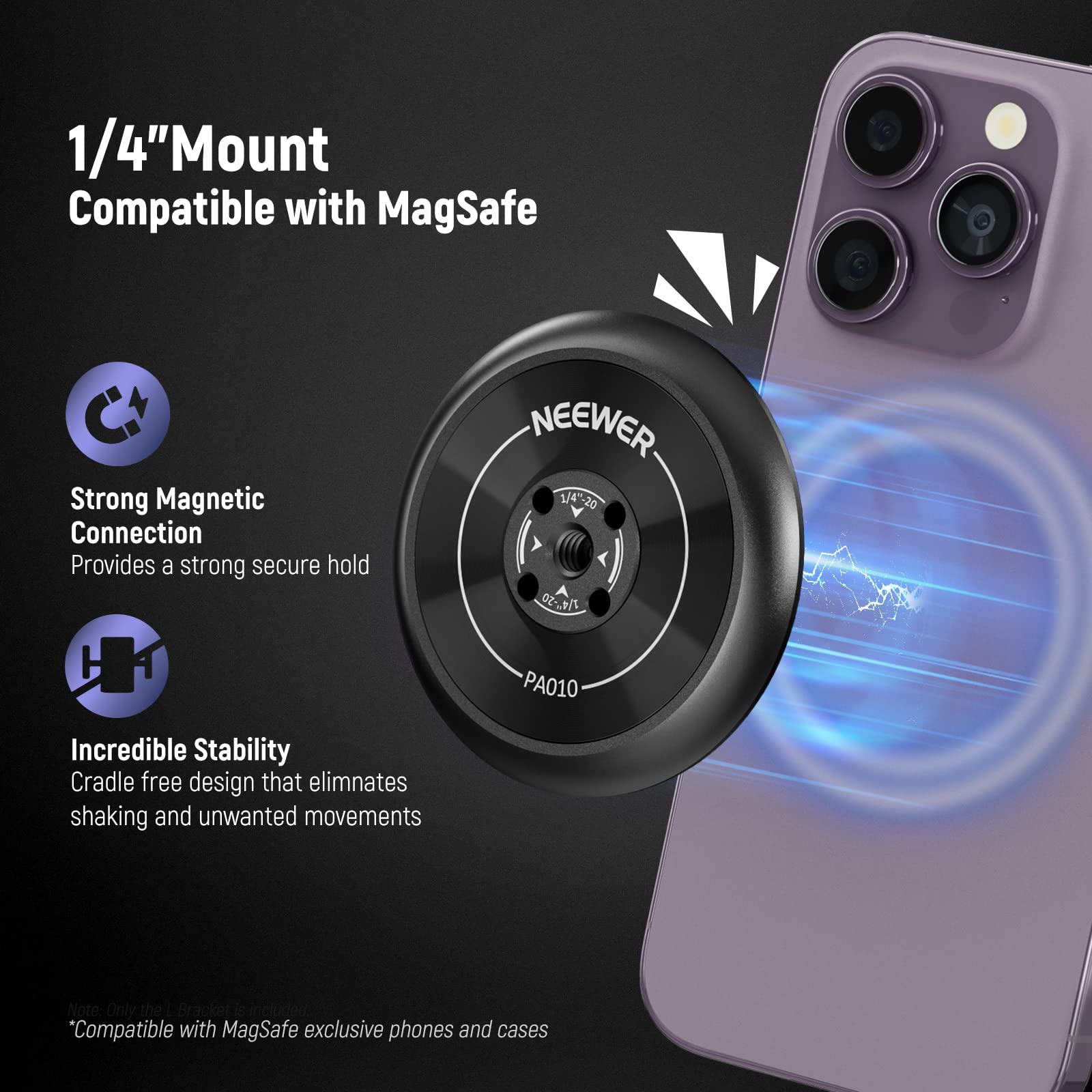 Neewer Magnetic Phone Tripod Mount Adapter With 1/4'' Holes Compatible With Iphone Magsafe Selfie Stick For 15 Pro Max 15 Plus 1