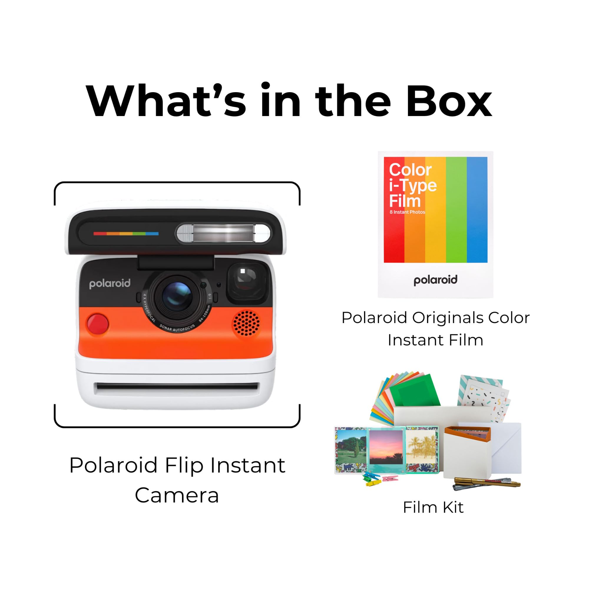 Polaroid Flip Instant Camera With Sonar Autofocus, Retro Design (White) Bundle With Color Film And Film Kit (3 Items)