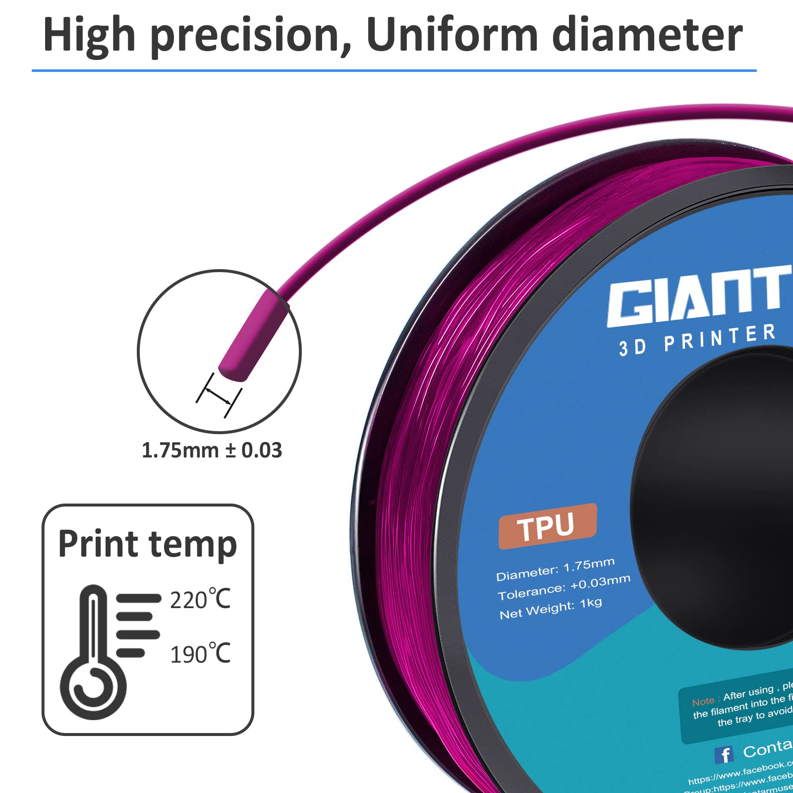 Giantarm Tpu Filament 1.75Mm Flexible Soft 3D Printer Consumables Pink,95A 1Kg Spool (2.2 Lbs.), Dimensional Accuracy +/  0.05 M
