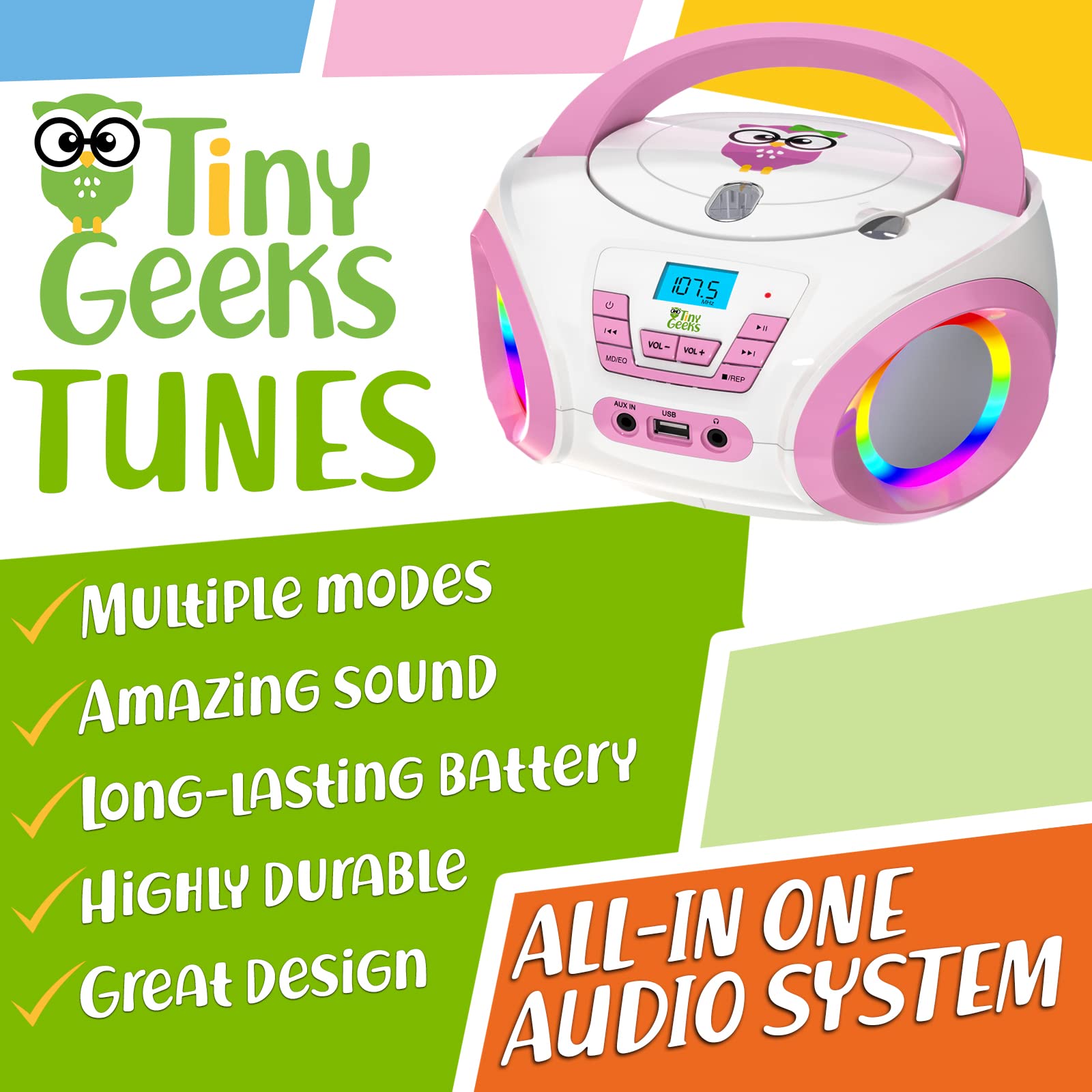 Tinygeeks Tunes Kids Boombox Cd Player For Kids New 2024 + Fm Radio + Batteries Included + Cute Pink Radio Cd Player With Speake