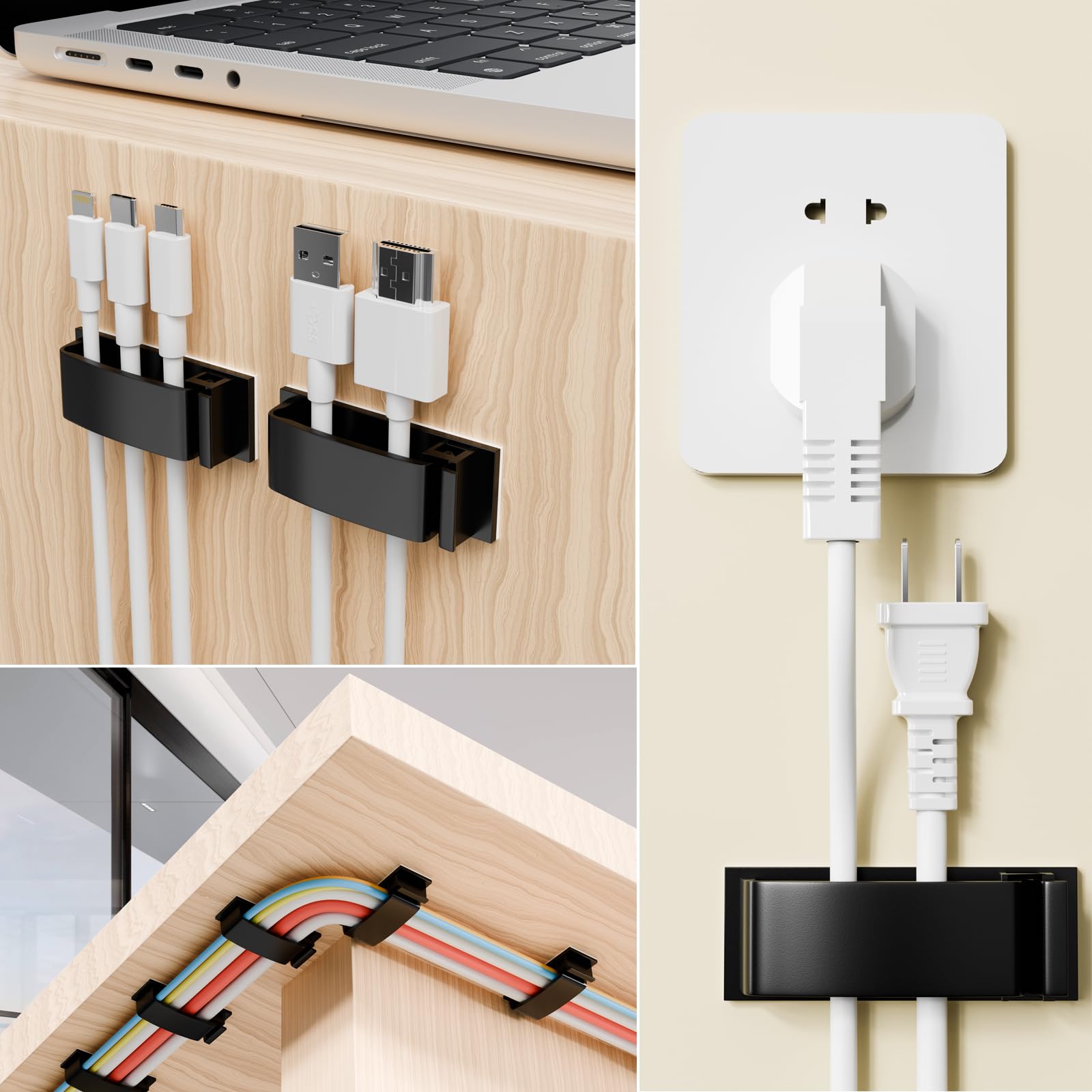 Wiralip Cable Clips 50Pcs Self Adhesive 3 Functions Cord Holder ABS Black