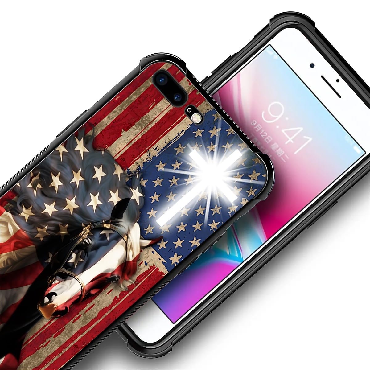 Fkbrcl4U Case For Iphone 7 Plus/8 Plus, Red American Flag Horse Cross Pattern, Soft Silicone Hard Acrylic For Shock Protection