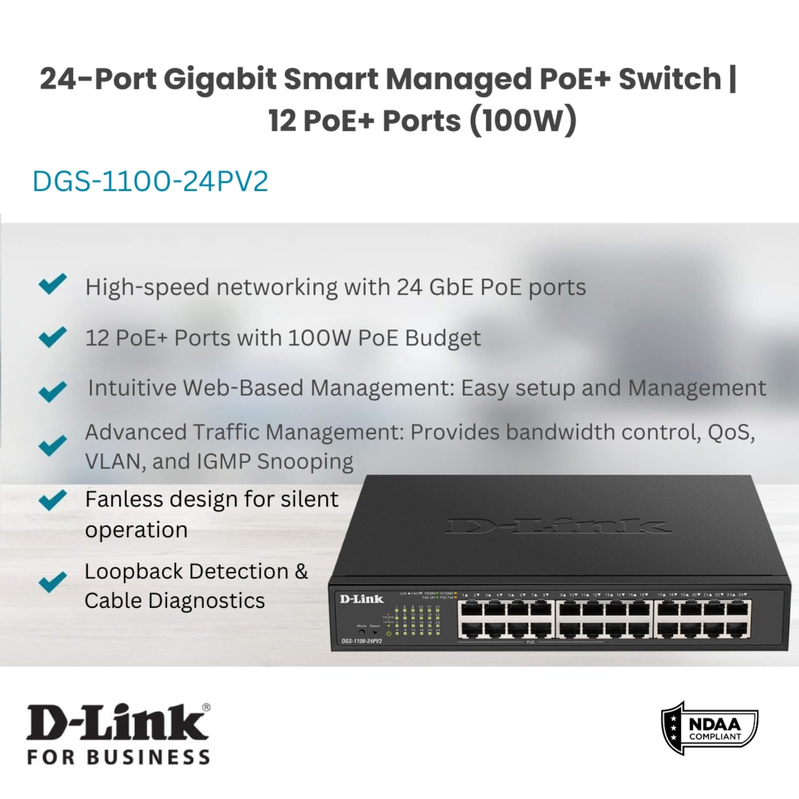 D Link Ethernet Switch 24 Port Easy Smart Managed Gigabit Switch W 12 Poe+ Ports 100W Poe Budget Layer 2 Internet Network (Dgs 1