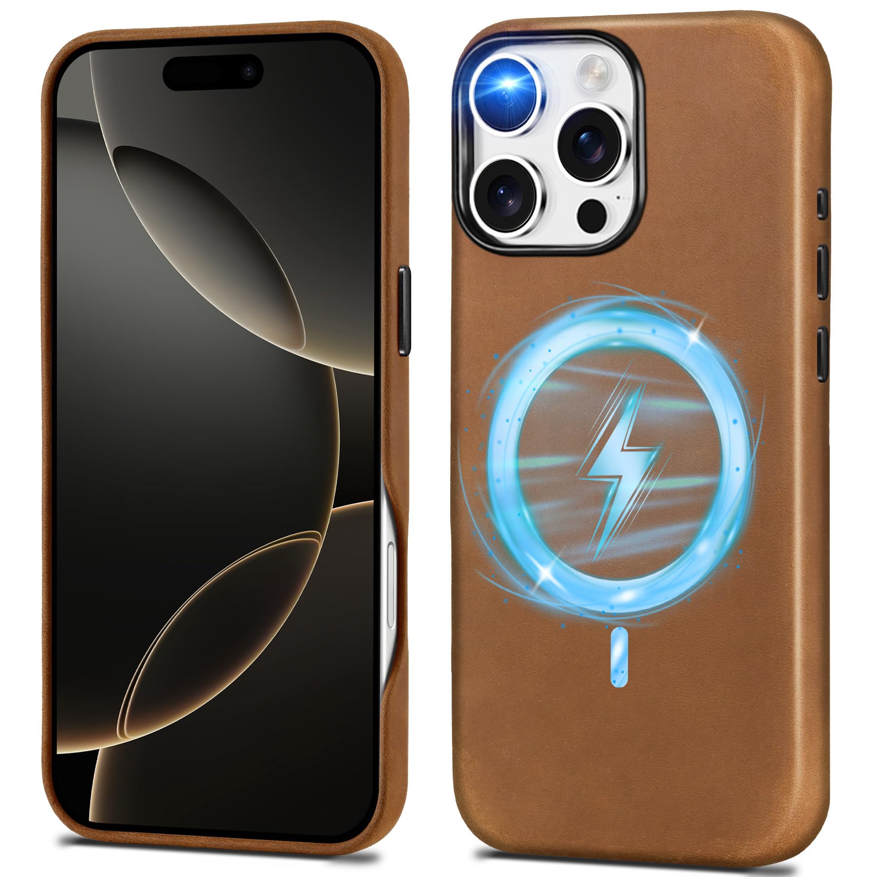 SHIELDON Crazy Horse Leather Magnetic Wireless Charging Slim Non-Slip Shock-Absorbent Cover with Metal Buttons Compatible with i