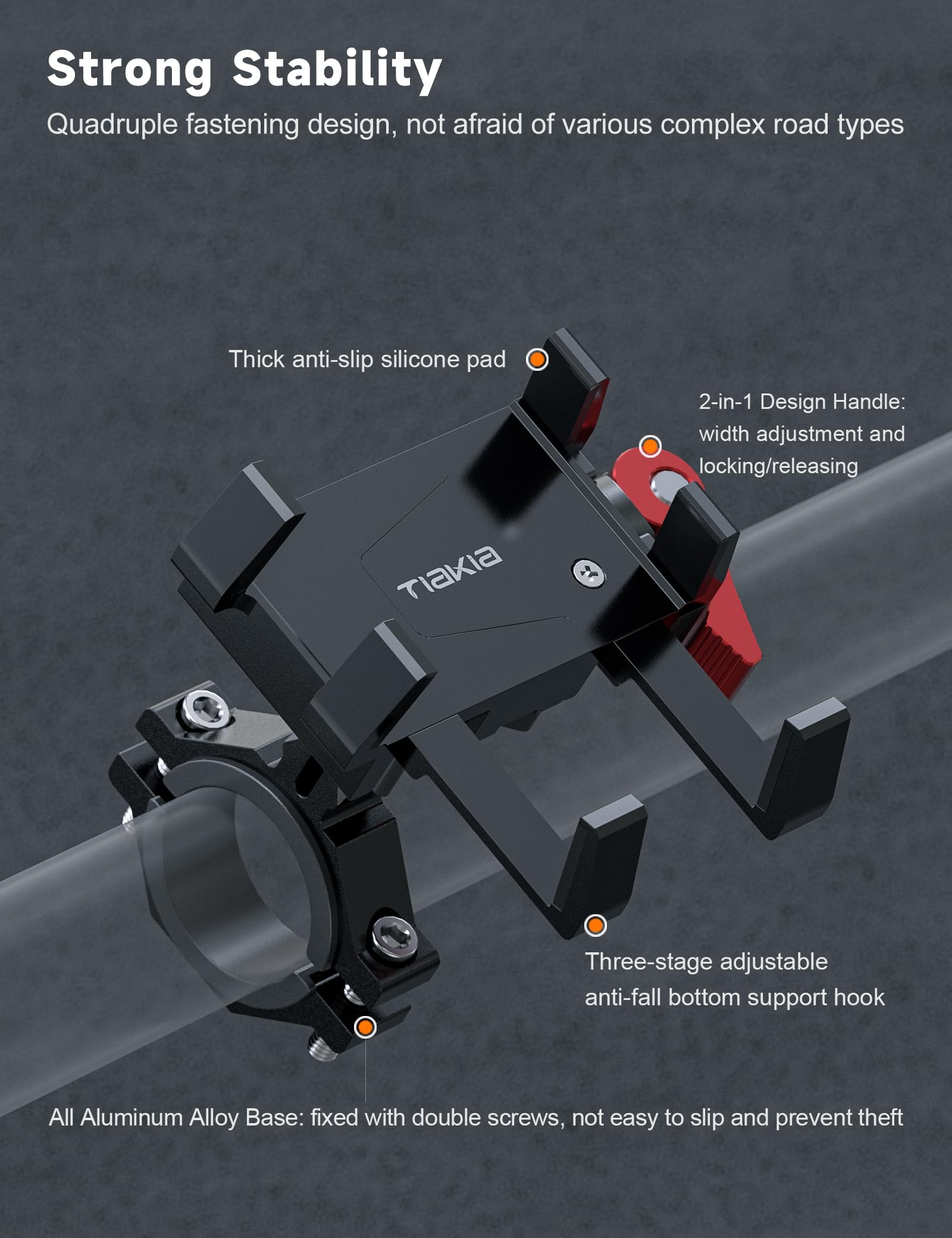 Tiakia Aluminum Bike Phone Mount Holder, [2024 Upgrade] Motorcycle Phone Mount, [1S Lock] Handlebar Mounted Cell Phone Holder, 3