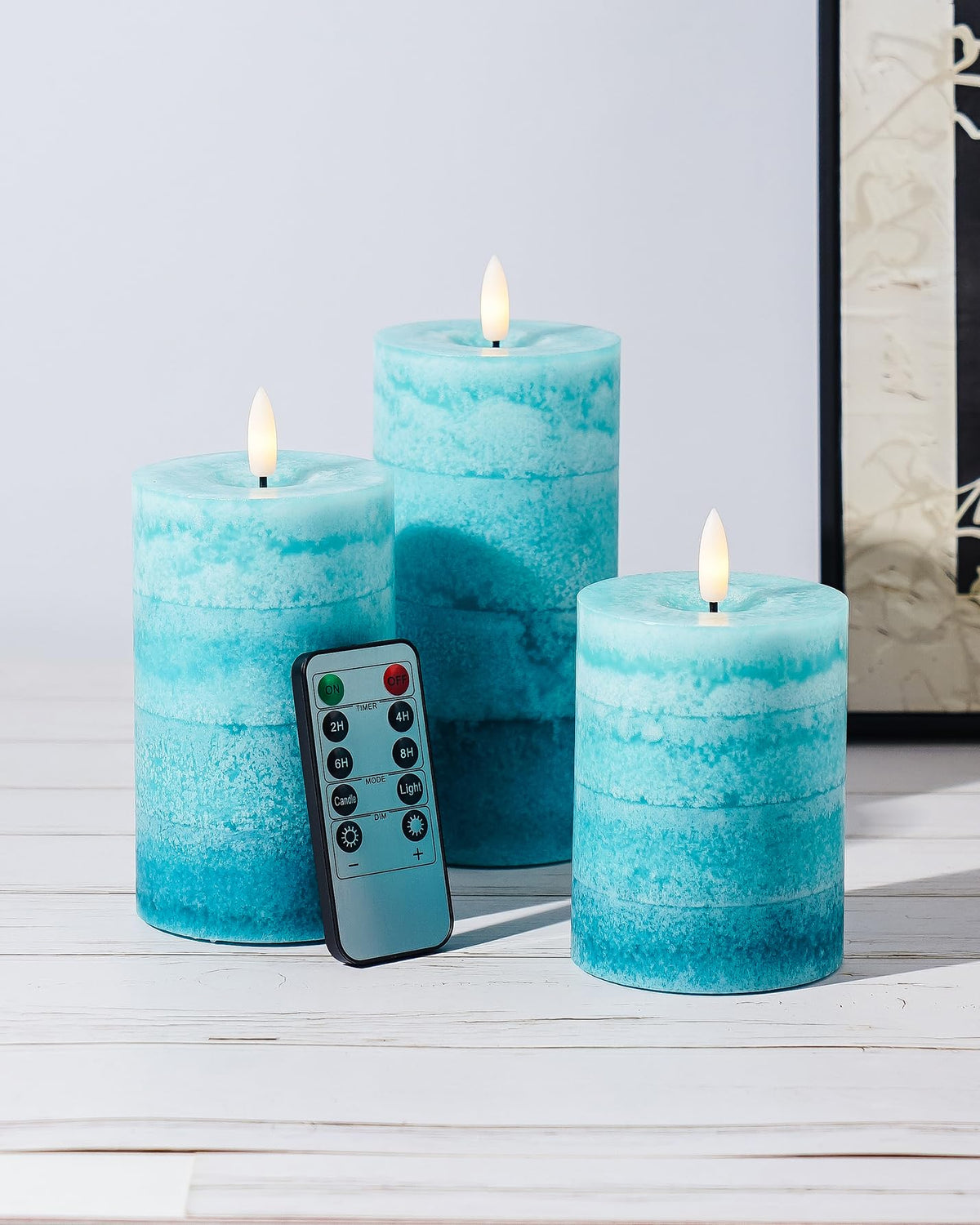 Stmarry Gradient Teal Flameless Candles With Remote And Timer, Real Wax Made Led Pillar Candles Battery Operated With 3D Flicker