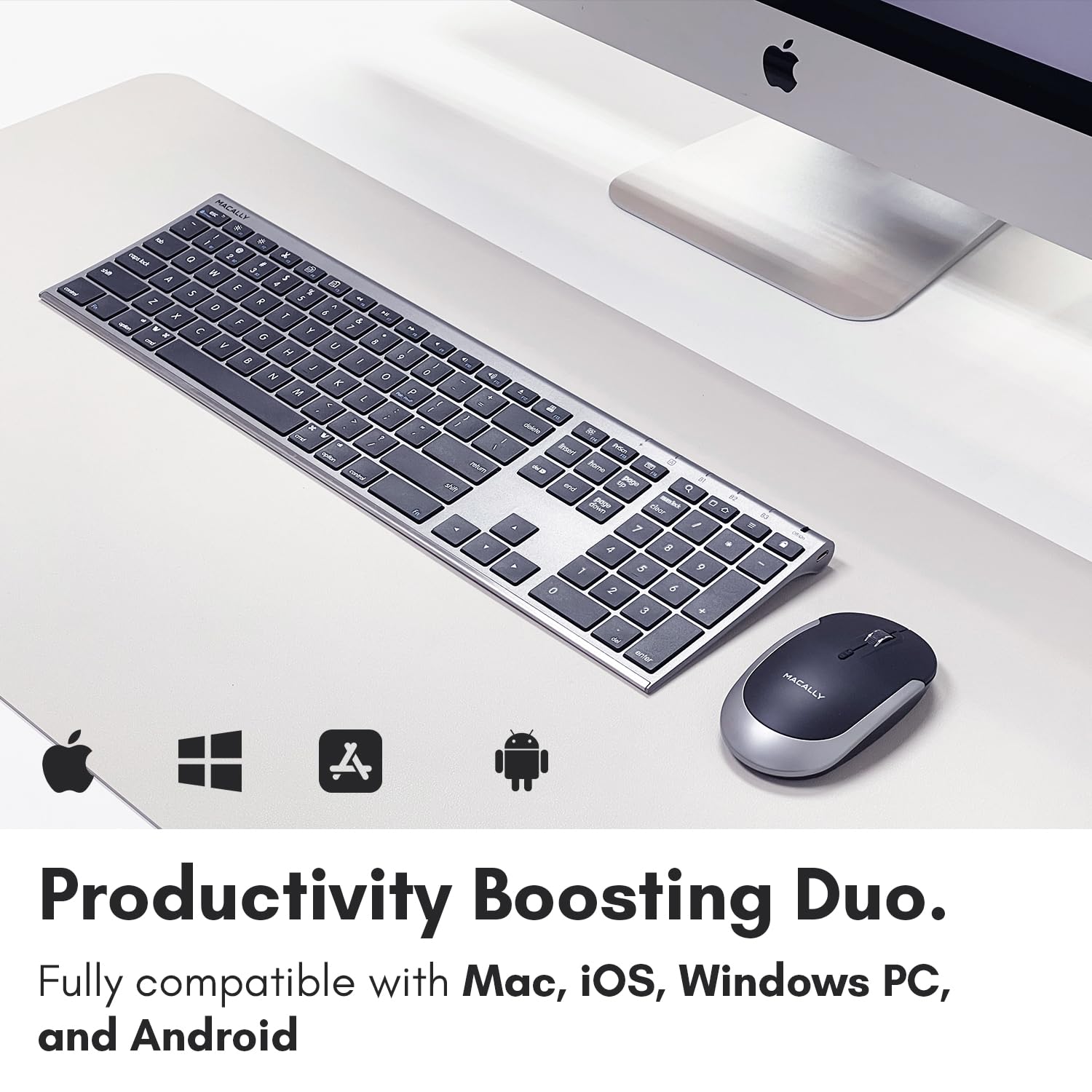 Macally Premium Bluetooth Keyboard And Mouse For Mac | Compatible Apple Wireless Keyboard And Mouse Combo (110 Keys Multi-Device