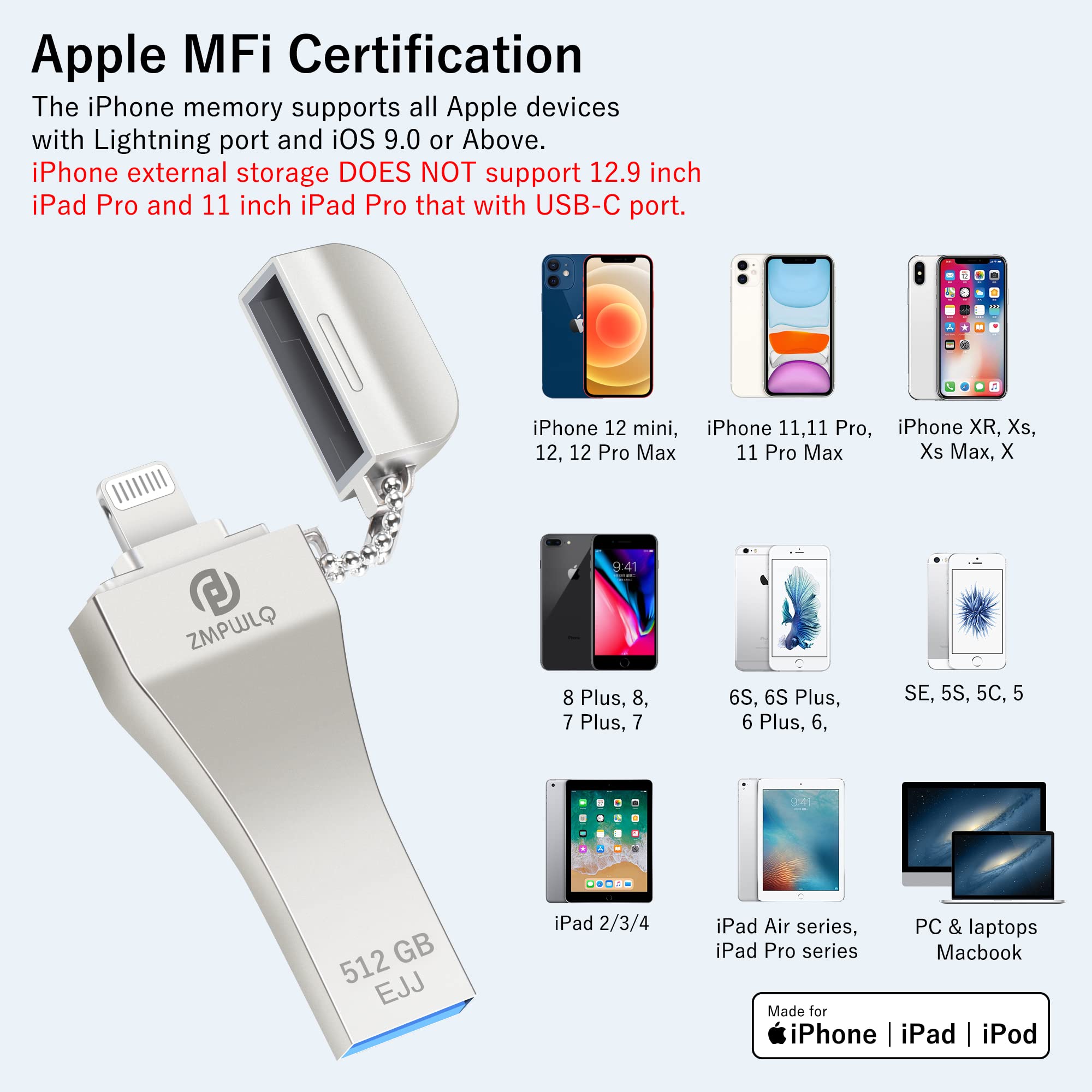 Pl Zmpwlq Photo Stick For Iphone 512Gb With Apple Mfi Certified External Iphone Storage Thumb Drive For Ipad Backup Flash Drive For Iphone Photo Storage Usb Memory Stick For Iphone/Ipad/Laptop/Pc 1Pc