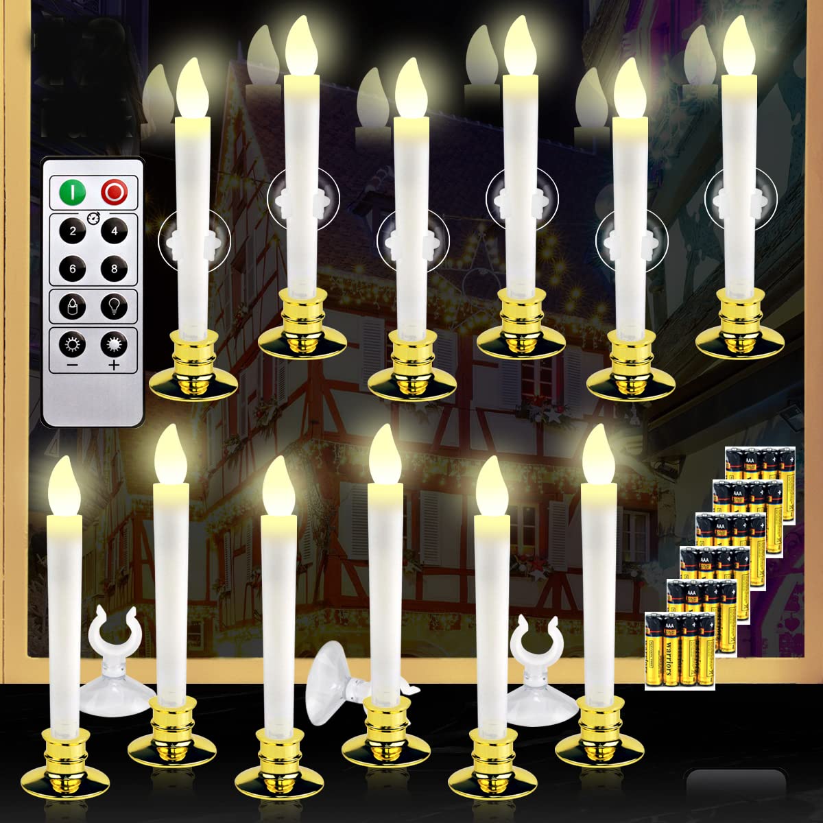 Kithouse 12 Set Christmas Window Candles Lights With Timer Battery Operated Electric Led Taper Candles Flameless For Windows, Go