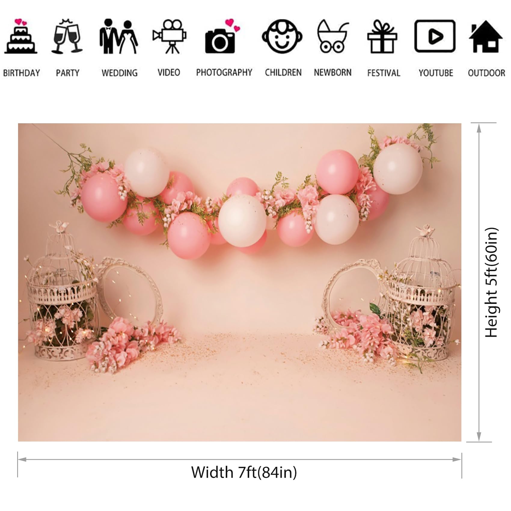 Baocicco 7X5Ft Baby Girl Happy Birthday Backdrop Pink Balloons Floral Sweet Princess Photography Backgrounds Pink Baby Girl Firs