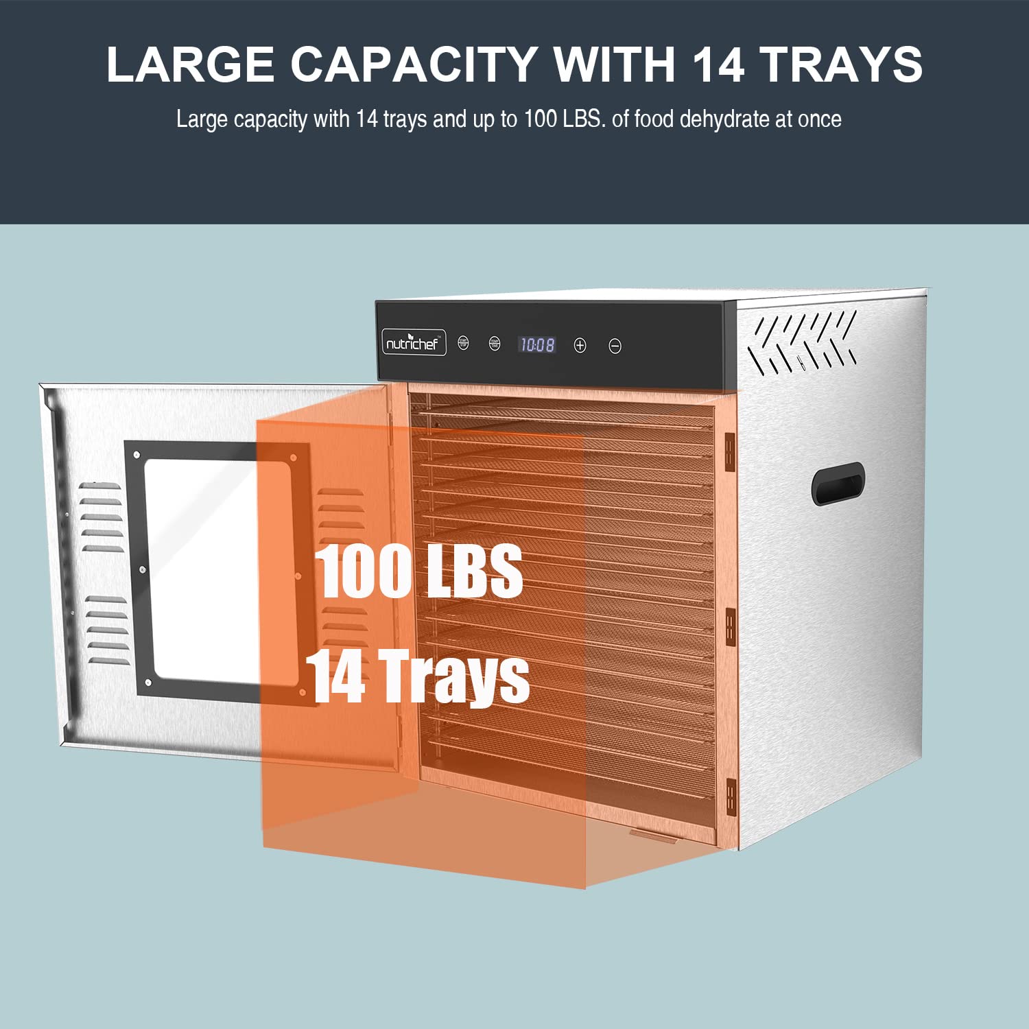 Nutrichef Commercial Electric Food Dehydrator Machine - 14 Shelf Extra Large Capacity - Stainless Steel Trays - 1000-Watts, Digi