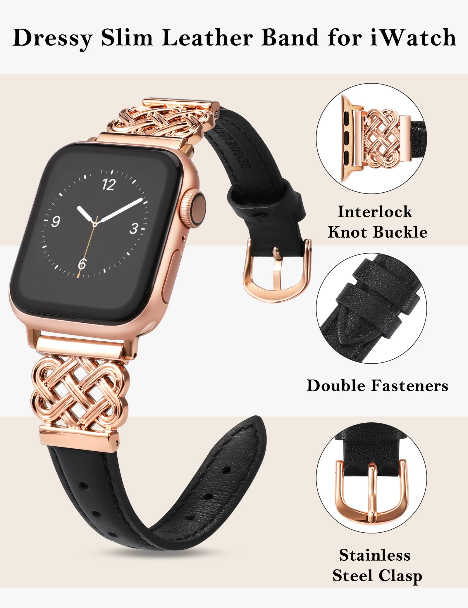 Toyouths Leather Band Compatible With Apple Watch Bands Women 38/40/41/42Mm Dressy Slim Thin Strap With Designer Interlock Buckl