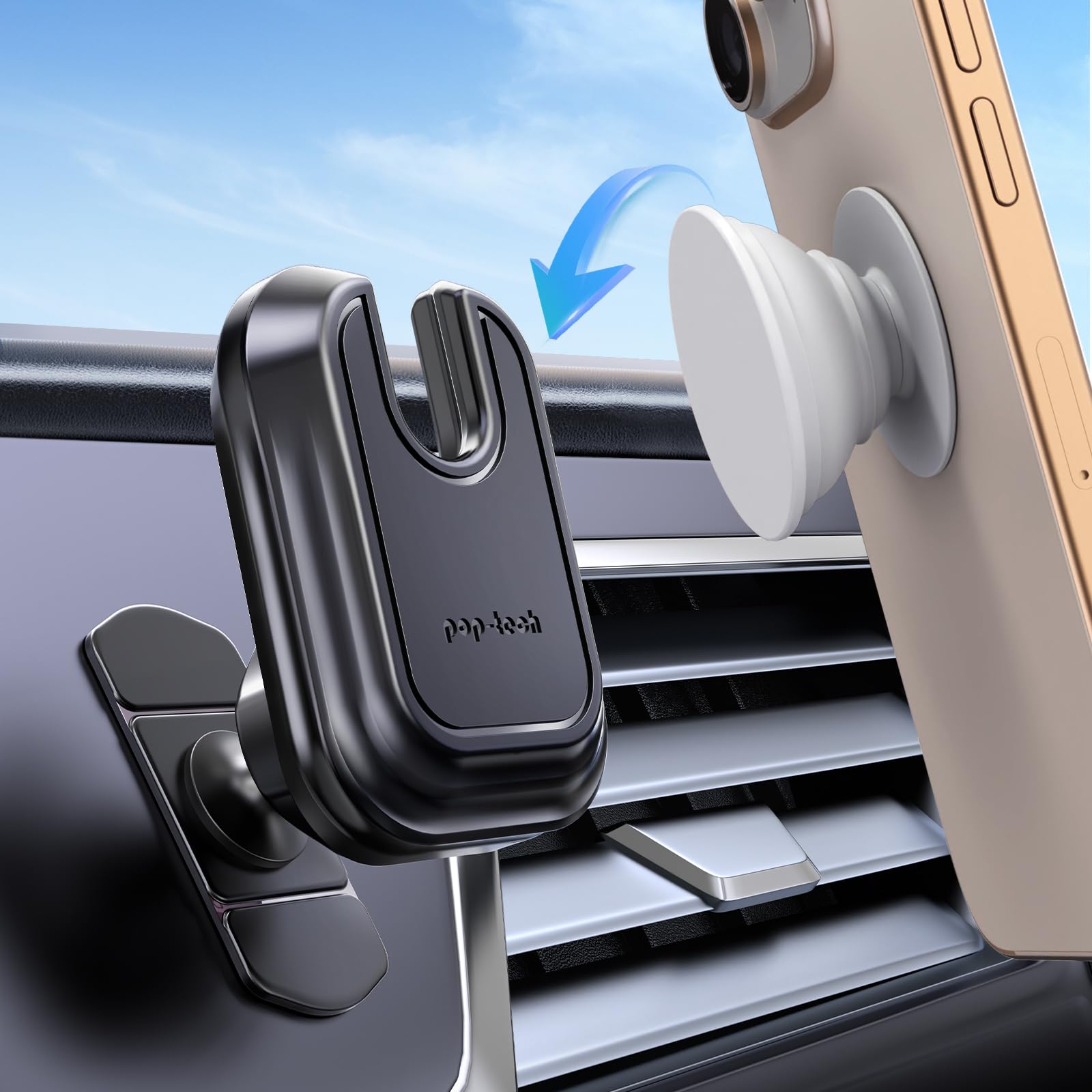 Pop-Tech Car Phone Mount For Socket Grip, Adjustable Strong Sticky Cell Phone Holder, Dashboard Adhesive Socket Car Mount Compat