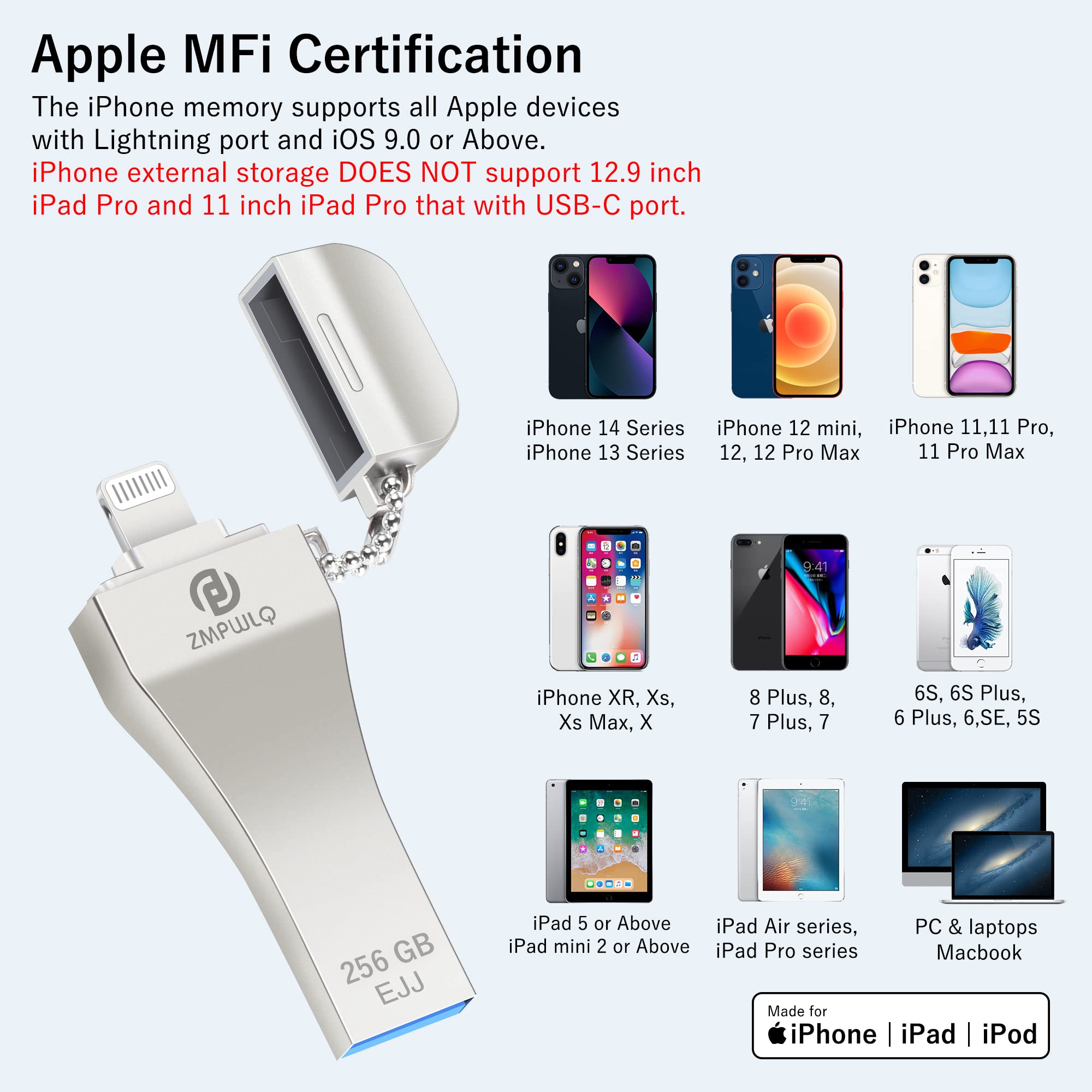 Photo Stick For Iphone 256Gb With Apple Mfi Certified External Iphone Storage Iphone Usb Flash Drive For Ipad  Photo Backup Storage Device Thumb Drive Data Transfer Memory Stick For Iphone/Ipad/Pc 1Pc