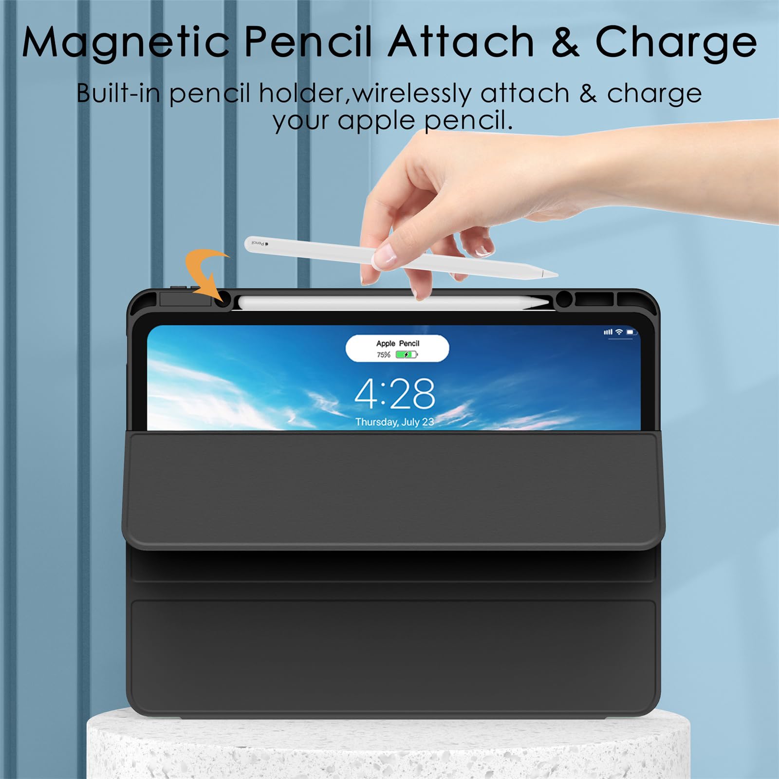 Soke Case For Ipad Pro 12.9 Inch (6Th/5Th/4Th/3Rd Generation, 2022/2021/2020/2018)   Pencil Holder + Auto Sleep/Wake + Camera Protection, Transparent Shockproof Back Cover,Black