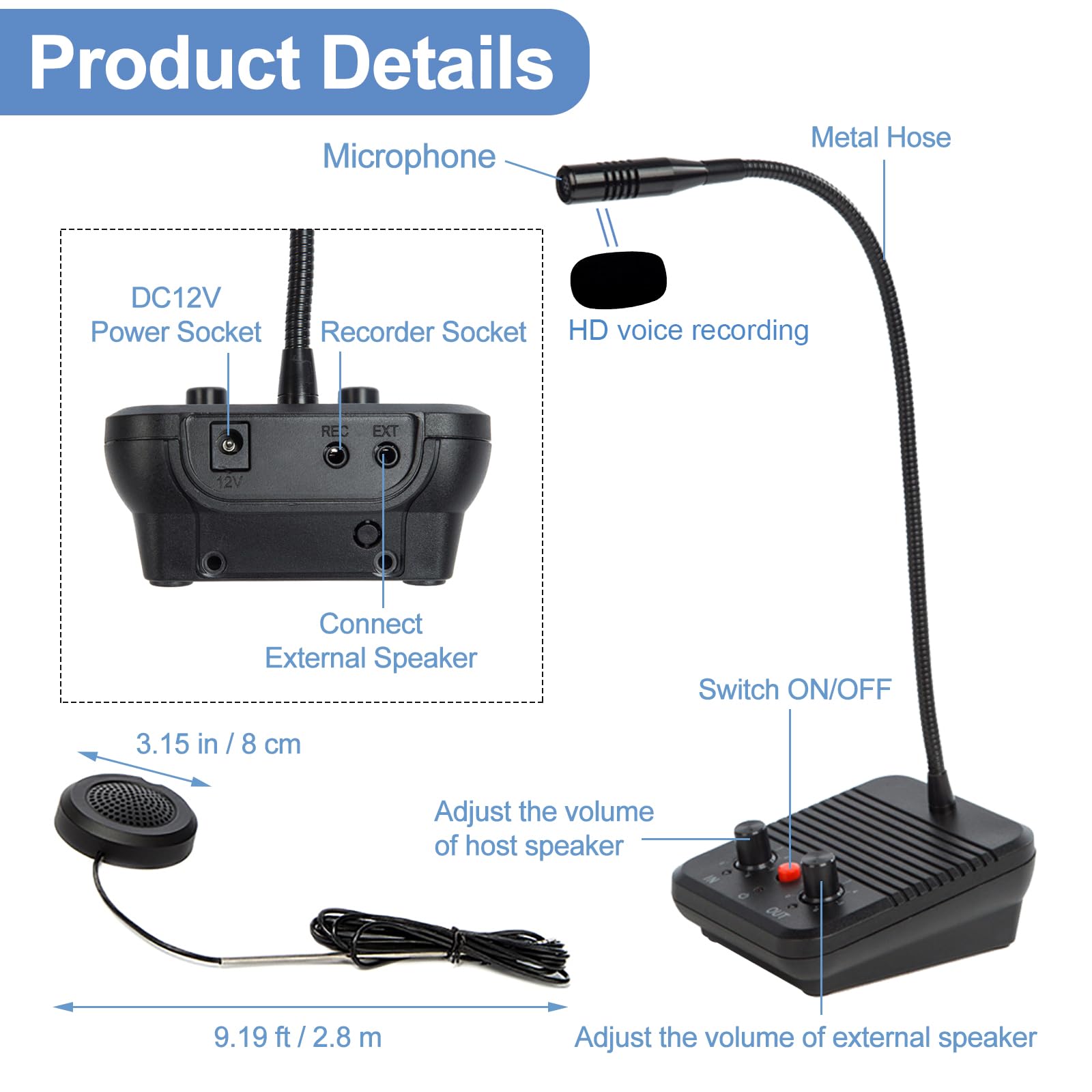 Koqicall Window Intercom Speaker System, Dual Way Intercommunication Microphone Teller Window Speaker Talk Through Glass Window