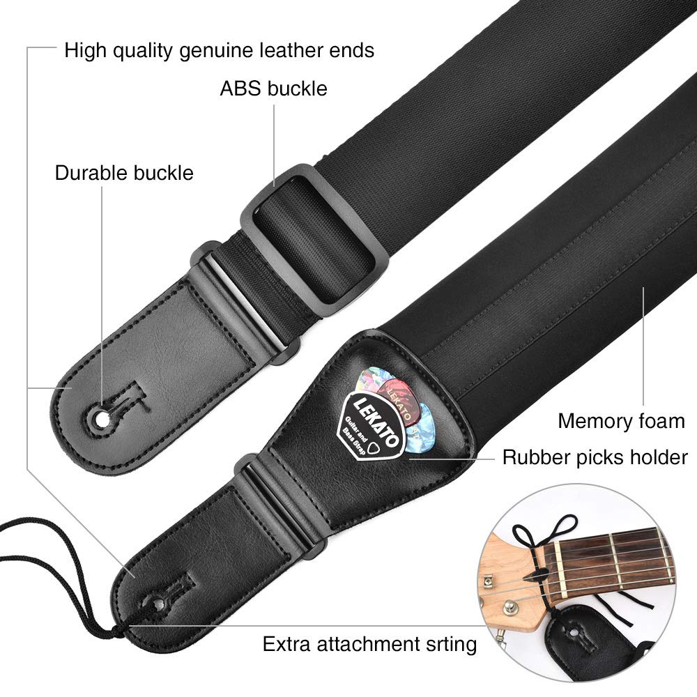 Lekato Bass Guitar Straps For Electric Guitar & Bass 3 Wide Padded Straps Adjustable Length From 45 To 55 Bass Guitar Strap With