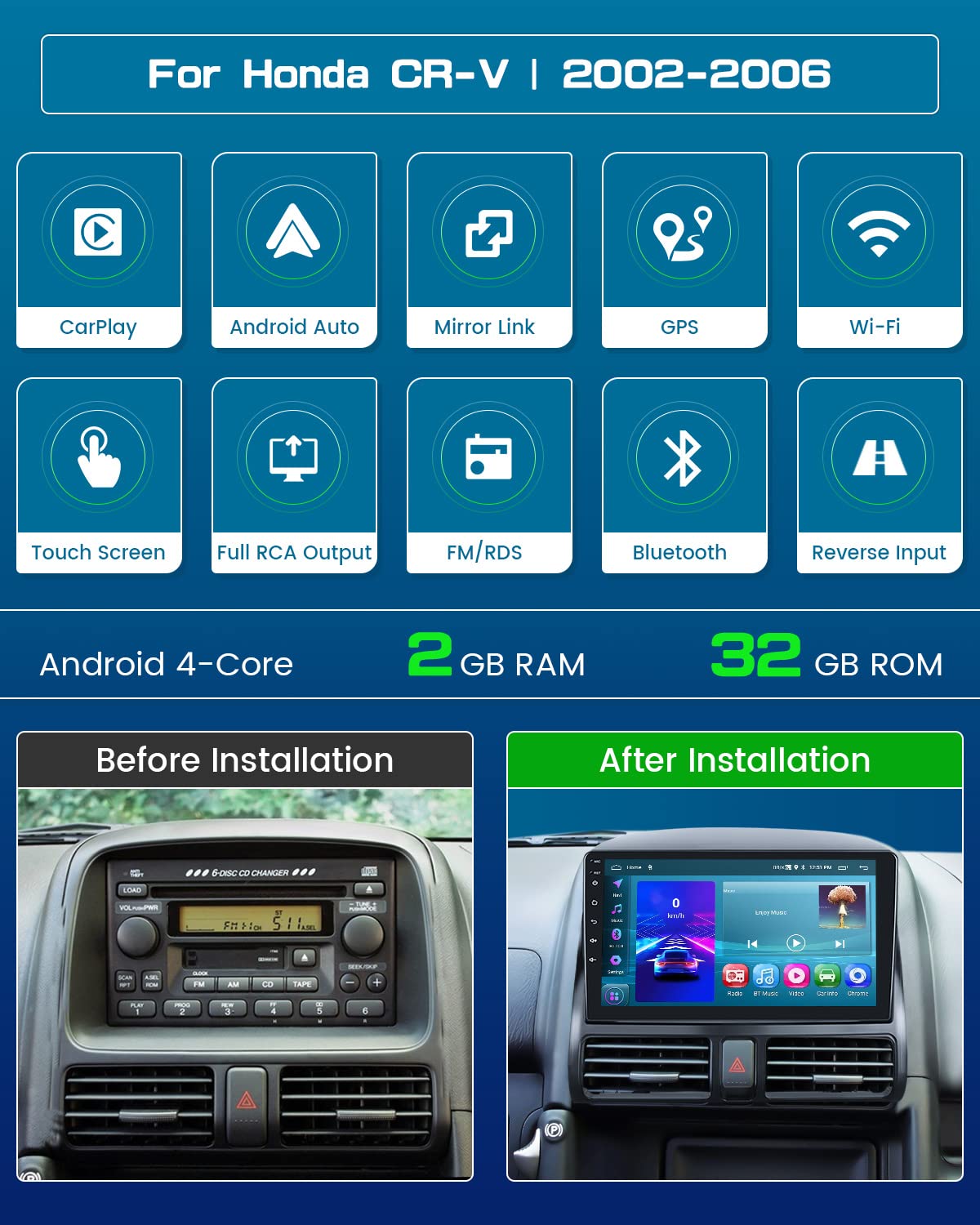 Roinvou 2+64G Android Carplay Stereo For 2002 2006 Honda Cr V Crv, Built In Wireless Carplay With Android Auto, 9'' Touchscreen