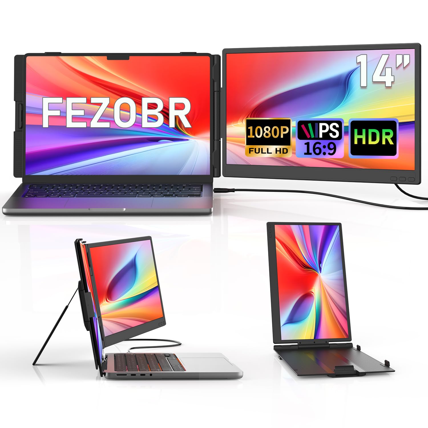 FEZOBR 14    Laptop Screen Extender, Ultra-Thin Dual Portable Monitor for Laptop, 1080P FHD IPS Display, USB-C Plug & Play Exten