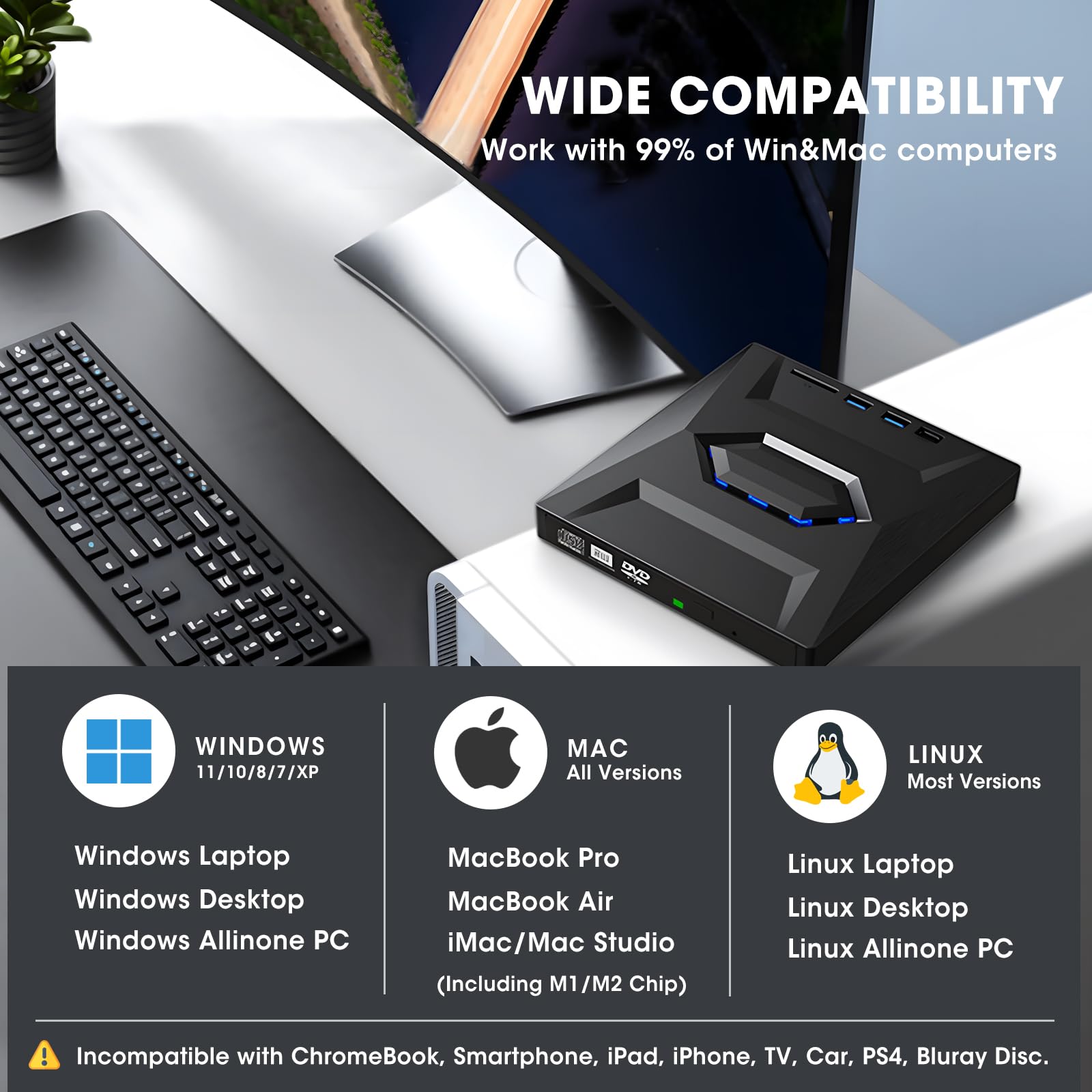 ROOFULL External CD DVD Drive with USB 3.0, Type-C, SD Card Slot, Black, Model B21-Y, Includes Carrying Case for Laptop PC