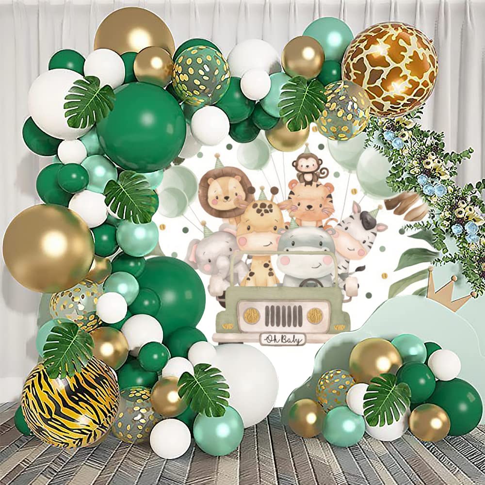 Oerju 6.5X6.5Ft Safari Jungle Animals Oh Baby Round Backdrop Zoo Animals Tropical Leaves Baby Shower Circle Backdrop Cover Safar