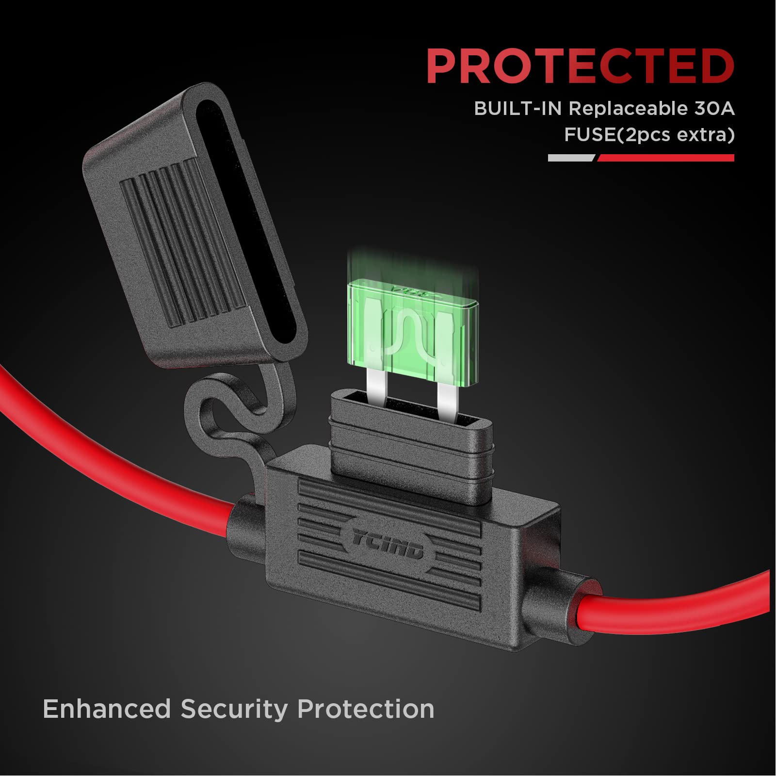 3/8'' Ring Eyelet Terminal Battery Boost Cable Heavy Duty 30A Fuse 12V/24V 12Awg Cord 6Ft