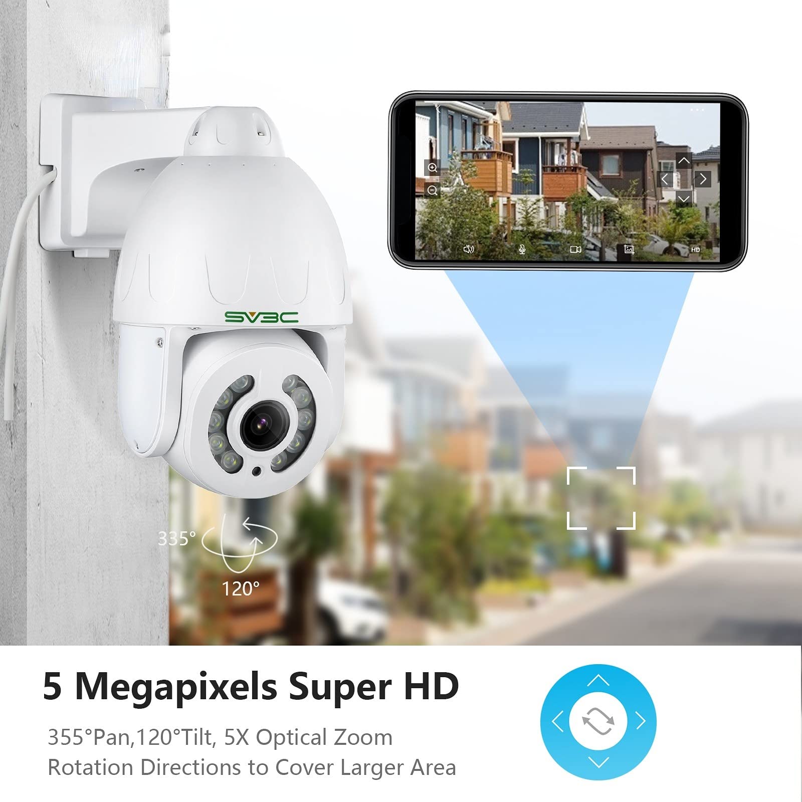 Sv3C 5Mp Ptz Outdoor Camera, Onvif Poe Ip Home Security Camera, 5X Optical Zoom Auto Tracking, Super Hd10 Spotlights Color Night
