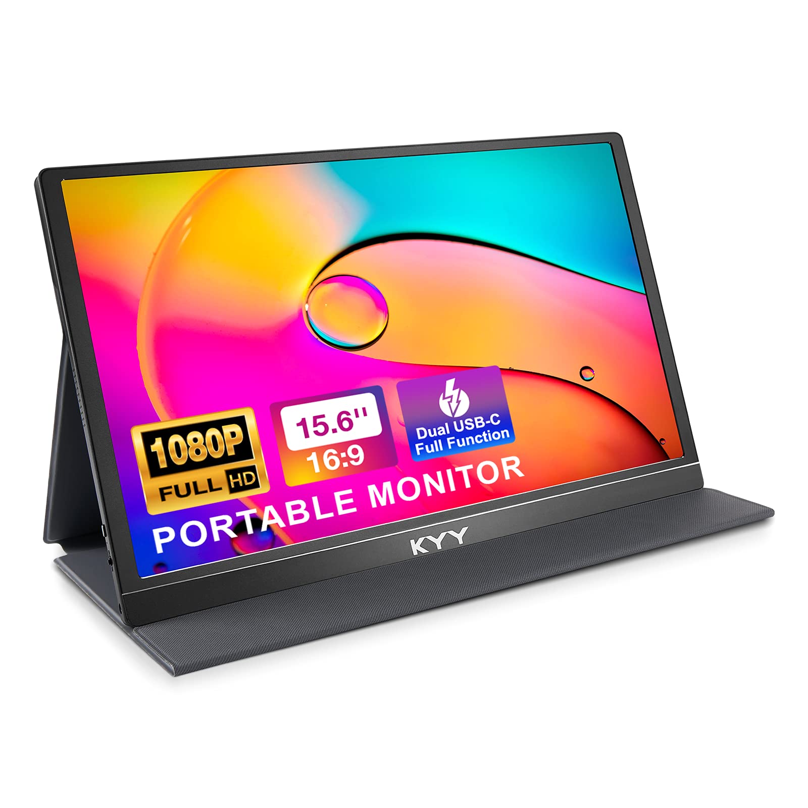 Kyy Portable Monitor 15.6'' 1080P Fhd Usb C Laptop Monitors W/Smart Cover & Dual Speaker, Hdmi Computer Display Ips Hdr External